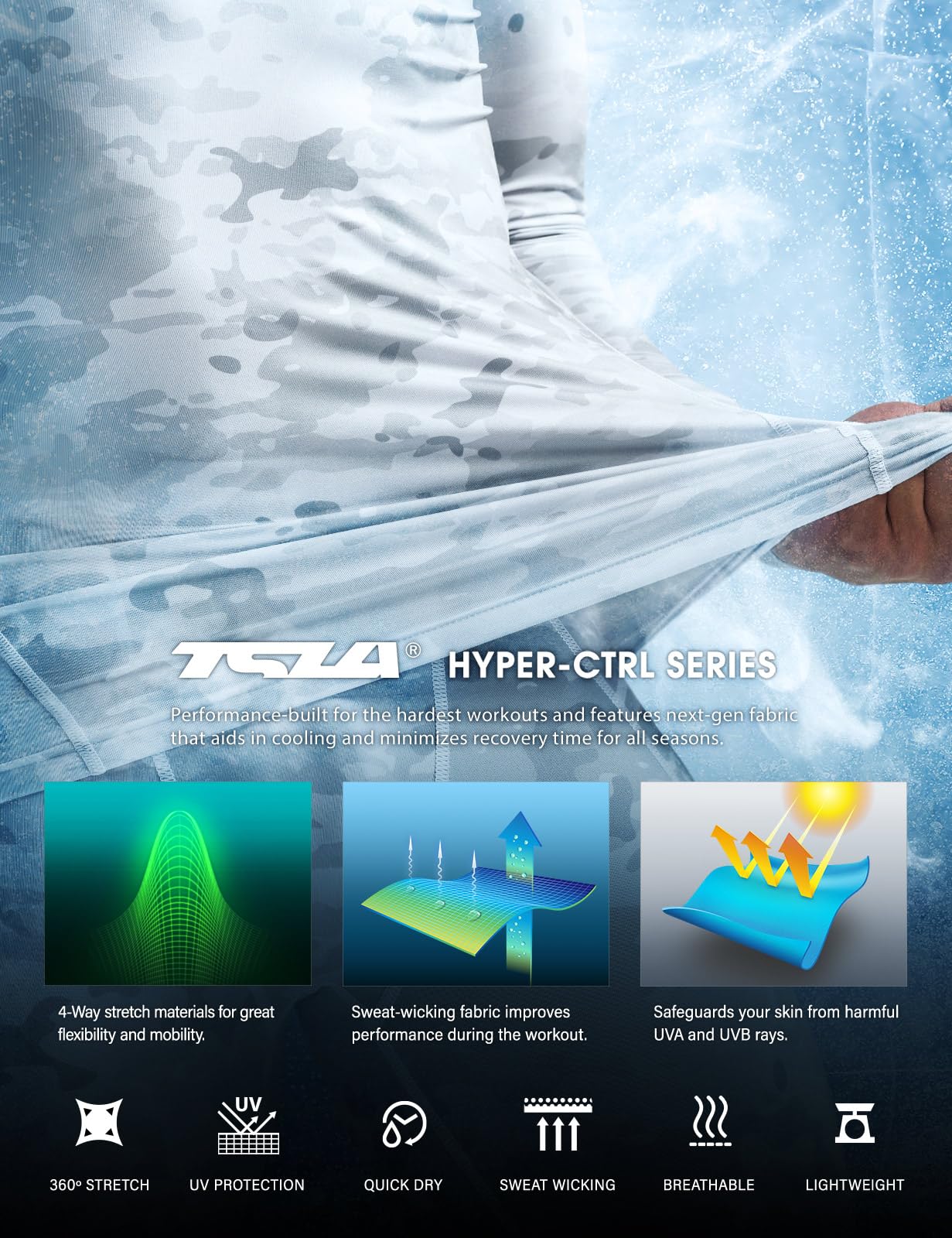 TSLA Men's Long Sleeve Workout Shirts Hoodie with Mask, UPF 50+ Cool Dry Fit Sports Compression Shirts, Hyper Control Print Winter Utility Camo, XX-Large