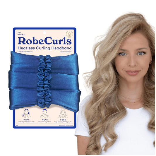 RobeCurls Heatless Hair Curler Set - Satin Curling Headband for No-Heat Curls - Sleep in Overnight Styling Tool with 2 Scrunchies - Easy & Gentle on Hair (Cobalt)