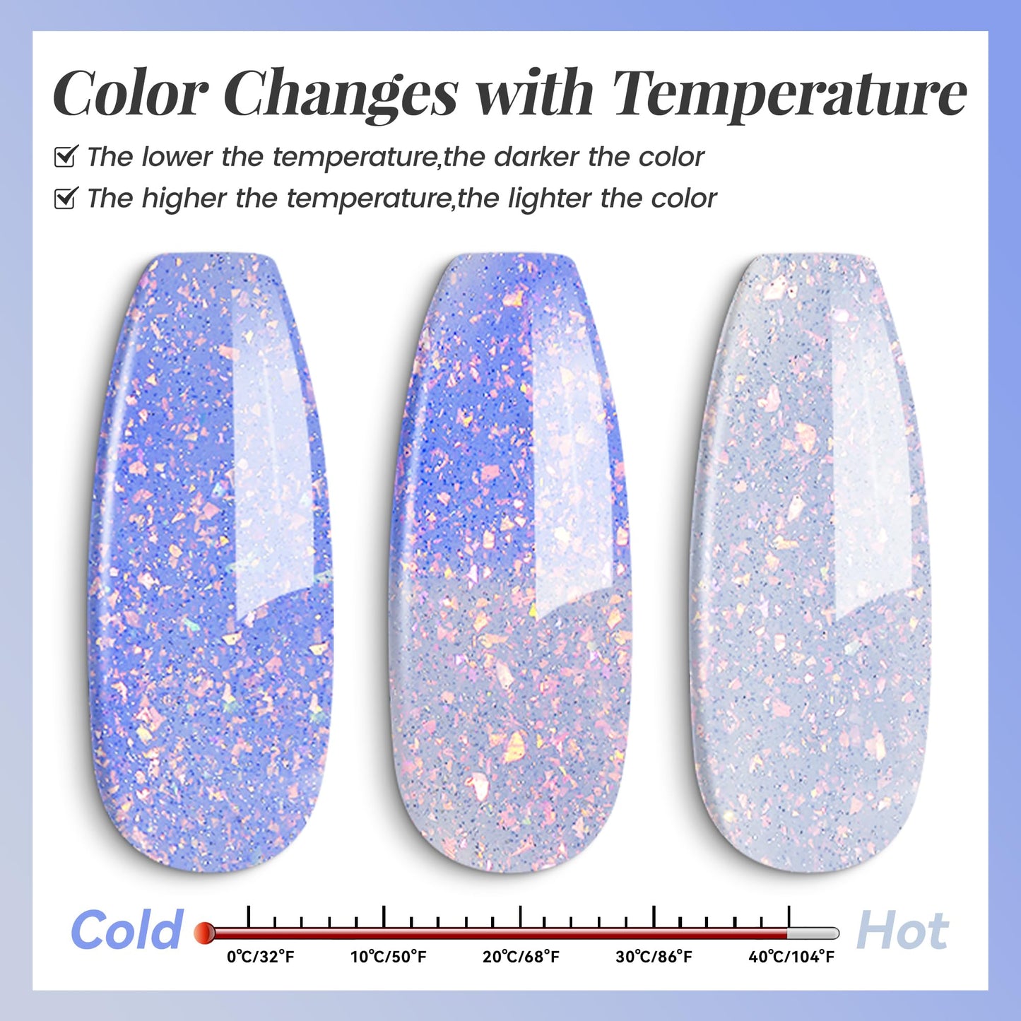 YTD Likomey Brocade Glitter Color Changing Gel Nail Polish,15ml Light Blue To Blue Shimmer Mood Temperature Change Colors Iridescent Flakes,Spring Summer Thermal Ombre UV Nail Gel,WB354