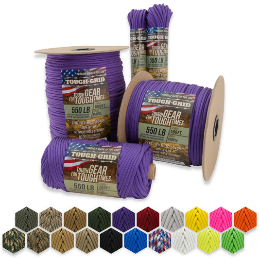 TOUGH-GRID Premium Purple 550 Paracord/Parachute Cord - 100% Nylon Mil-Spec Type III Paracord Rope Used by The US Military, Great for Bracelets and Lanyards, Tactical Paracord 50Ft. - Purple