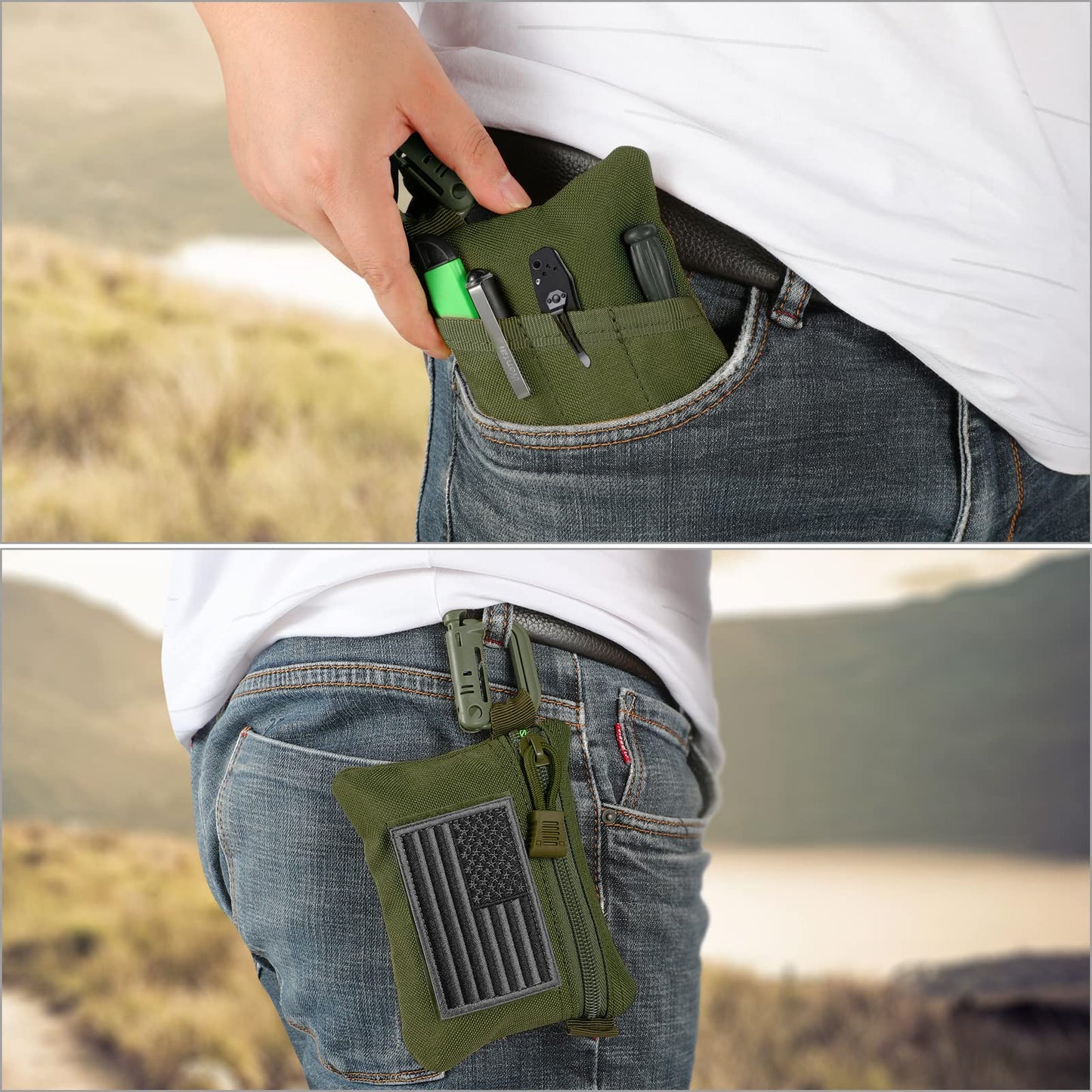 FRTKK 2 Pack Tactical Compact EDC Pouches, Military Molle Utility Pouch Organizer Pouch, Coin Purse Keychain Pocket Credit Card Holder Waist Pack (Army Green 3)