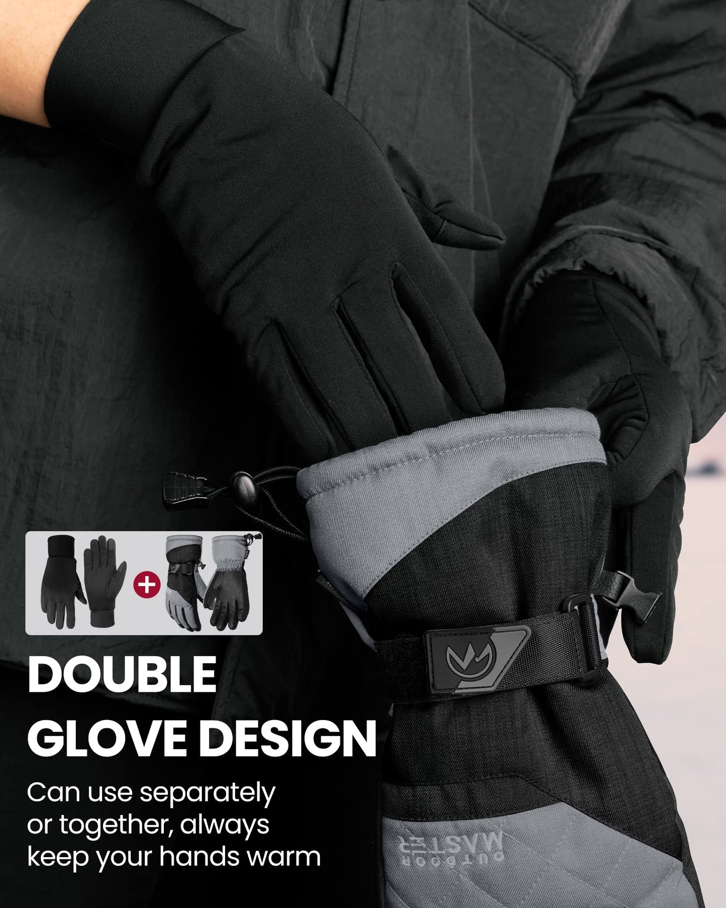 OutdoorMaster Ski & Snow Gloves, Winter Waterproof Thermal Gloves for Adult Men & Women, Winter Sports, Skiing, Snowboarding, Carbon, L