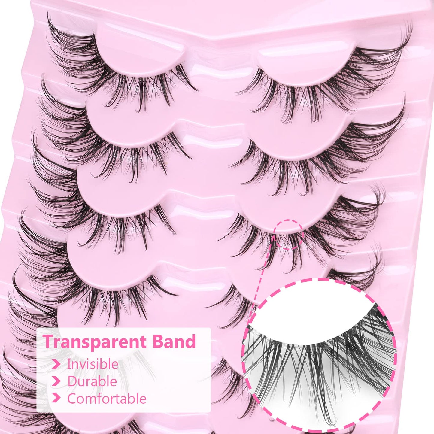 Manga Lashes Fox Eye False Eyelashes Natural Look Faux Mink Lashes Wispy Clear Band Spiky Cat Eye Strip Eyelashes Pack, 7 Pairs