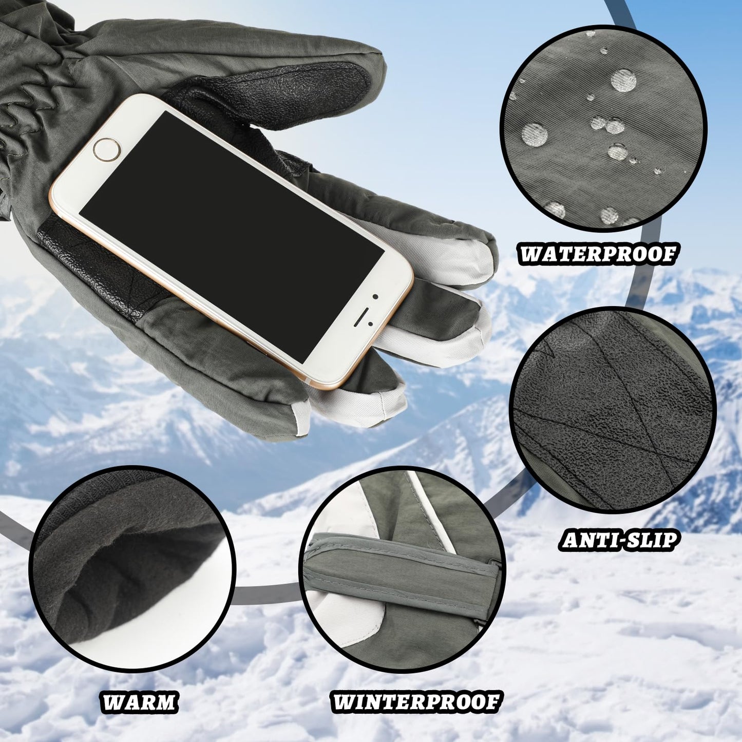Lewtemi 2 Pairs Mens Snow Gloves Waterproof Winter Ski Gloves Mittens Warm Insulation Snowboarding Gloves for Cold Weather (Black, Dark Gray)
