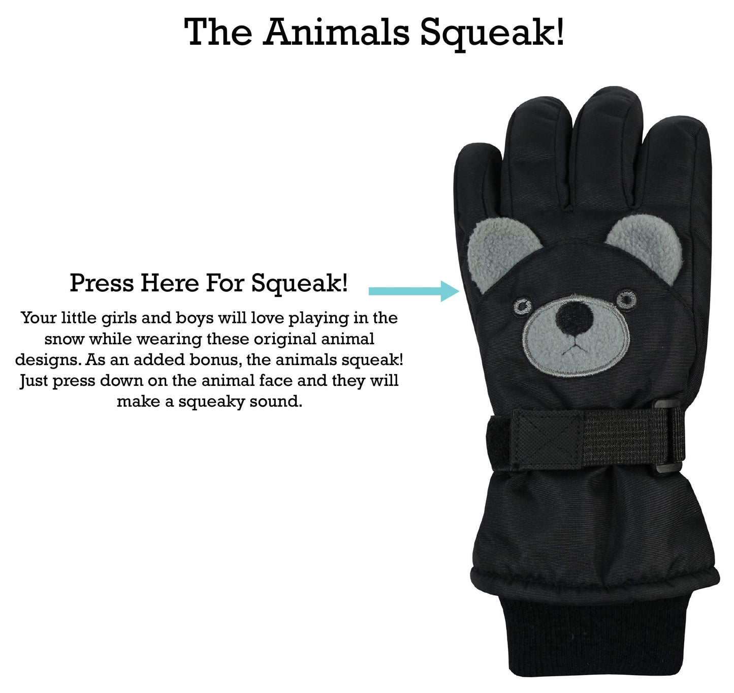 N'Ice Caps Kids Waterproof Snow Gloves Cute Animals Winter Warm Thinsulate (Puppy Black, 5-6 Years)