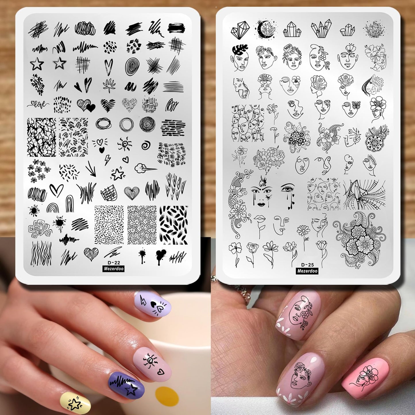 Abstract Lady Face Pattern Nail Stamping Plates Set 2pcs Flower Leaf Graffiti Fun Nail Stamper Plate Figure Rose Star Heart Nail Stamp Plates Geometry Graffiti Striped Nails Art Template Plates Mold
