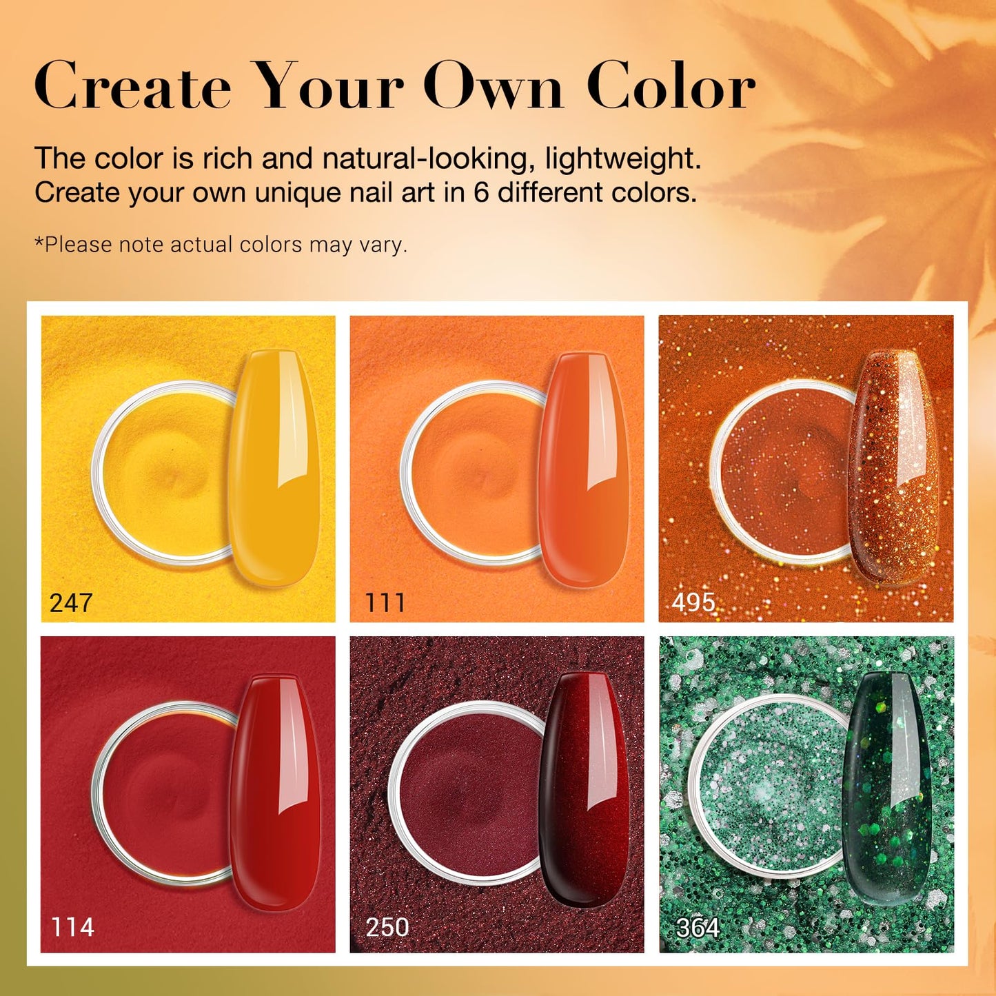 AZUREBEAUTY Dip Powder Nail Set Orange Gold Red Shimmery Green Glitter 6 Colors Dipping Powder Starter Kit French Nail Art Manicure DIY Salon, No Need Nail Lamp Cured