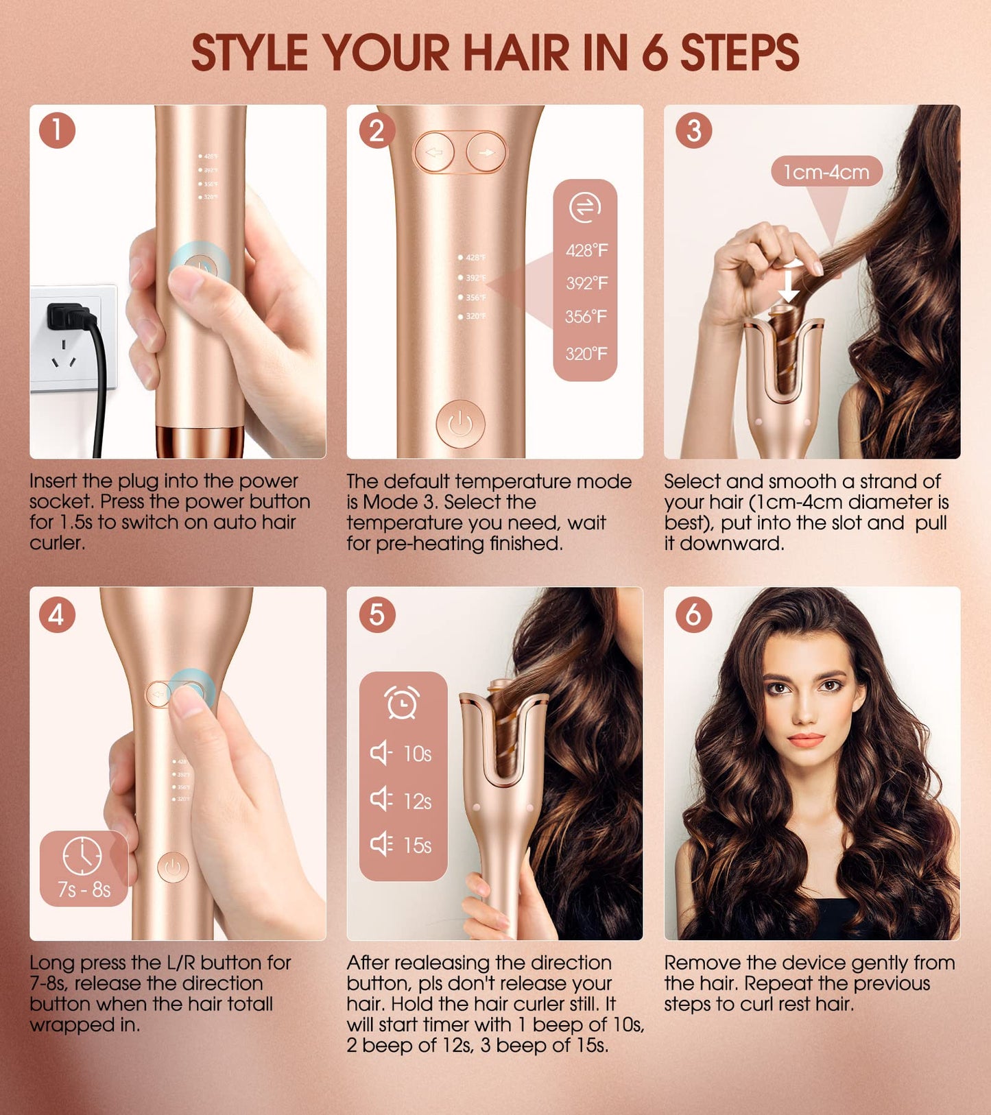 Automatic Curling Iron, Professional Automatic Hair Curler with 1" Curling Wand Large Slot & 4 Temperature & 3 Timer, Dual Voltage Anti-Tangle Rotating Curling Iron with Auto Shut-Off for Hair Styling