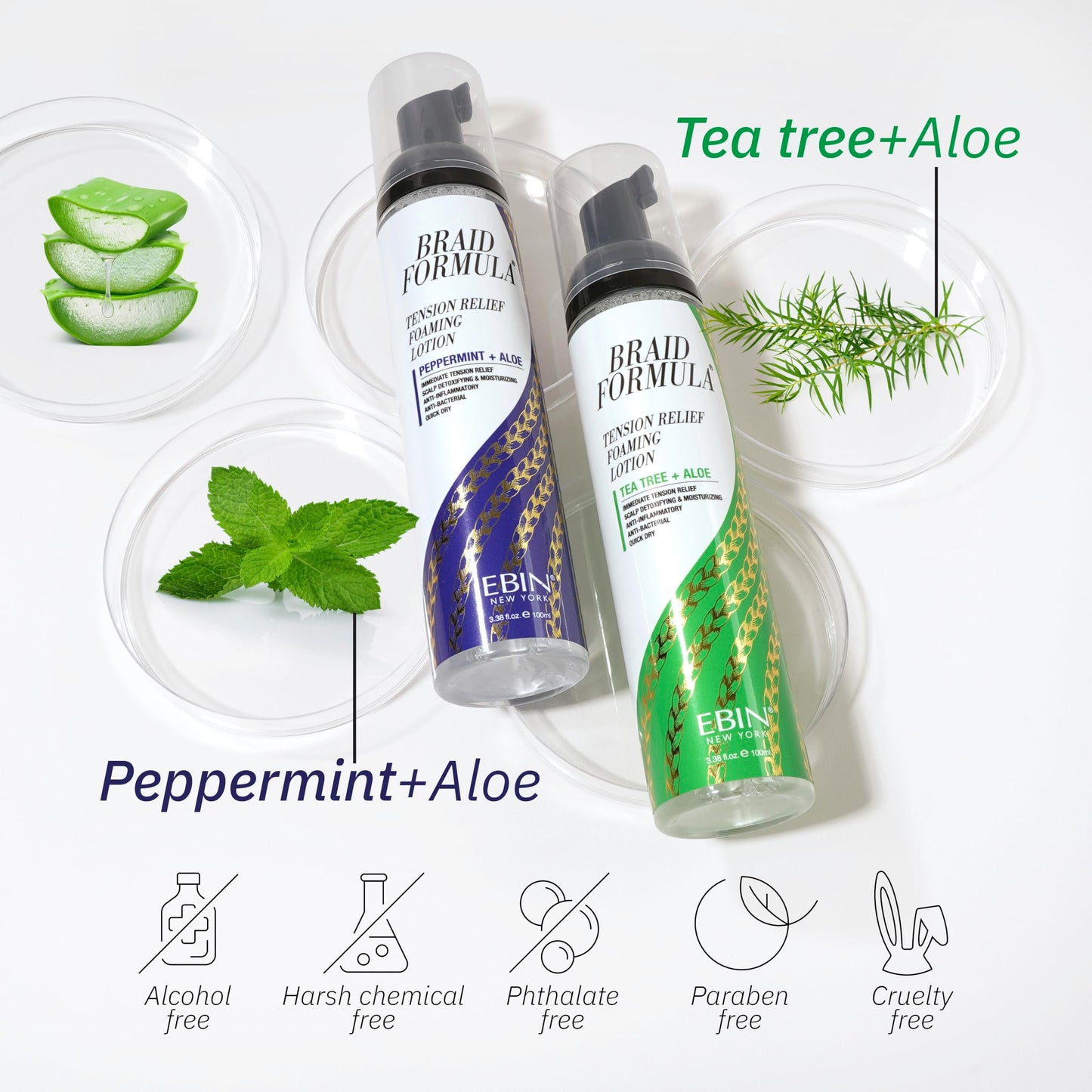EBIN NEW YORK Braid Formula Tension Relief Foaming Lotion Tea Tree & Aloe 3.38 fl. oz. 100ml Nourishing and Hydration, Style your Braids with Ease, Frizz Control