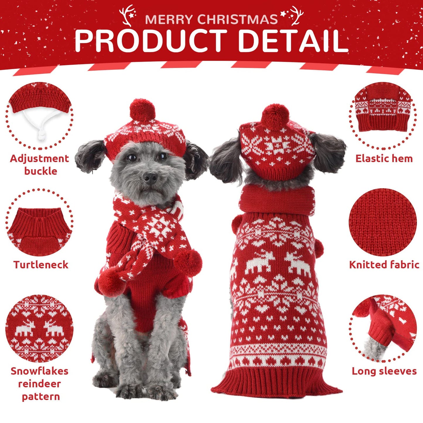 HRTTSY Dog Christmas Sweater Scarf and Hat Set for Small Dogs Cute Ugly Xmas Reindeer Snowflakes Puppy Cat Winter Clothes Soft Warm Fall Kitten Puppy Sweatshirt Pet Costume Chihuahua Outfits(Red,L)