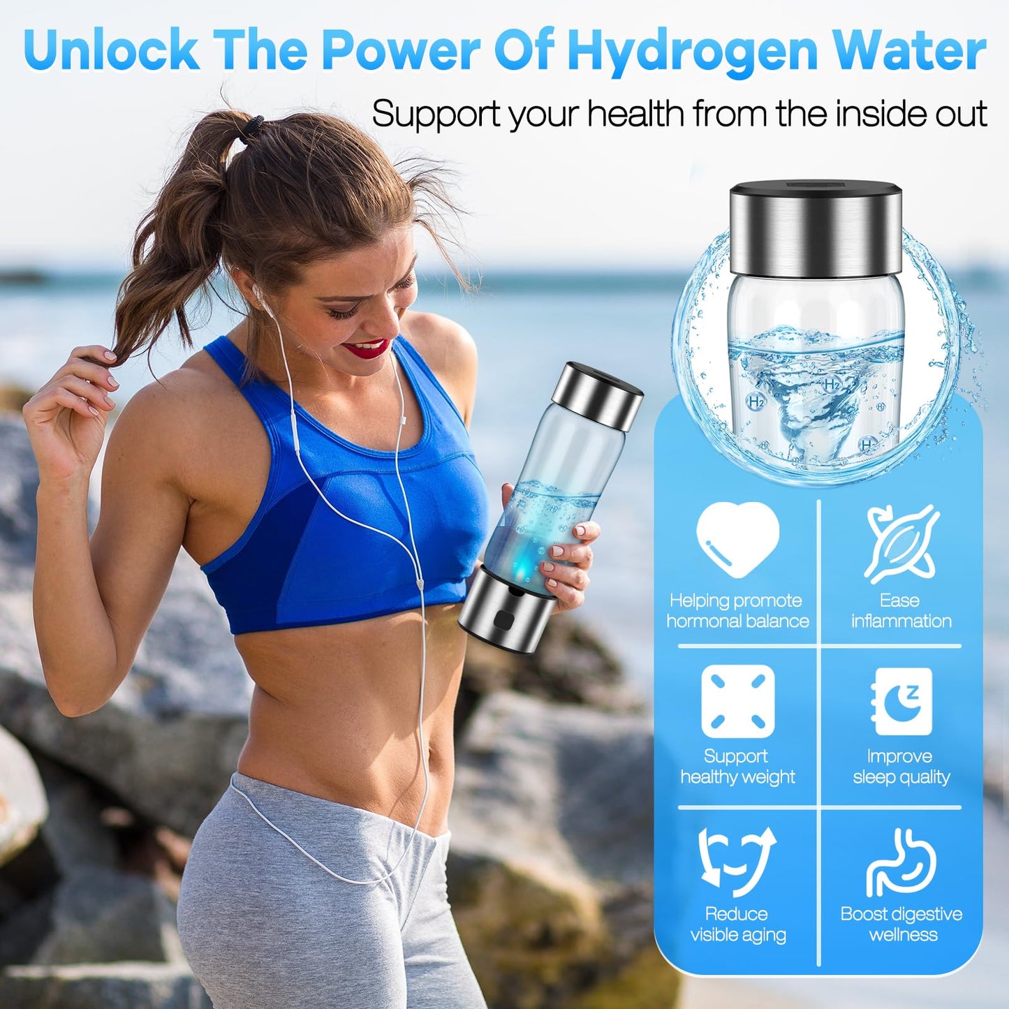 Hydrogen Water Bottle Generator – Produces Hydrogen Water Alternative to Hydrogen Water Tablets,3-Min Hydrogen Water, Inhalation & Drinking, Auto Clean, Slim & Portable for Travel, Gym, Office