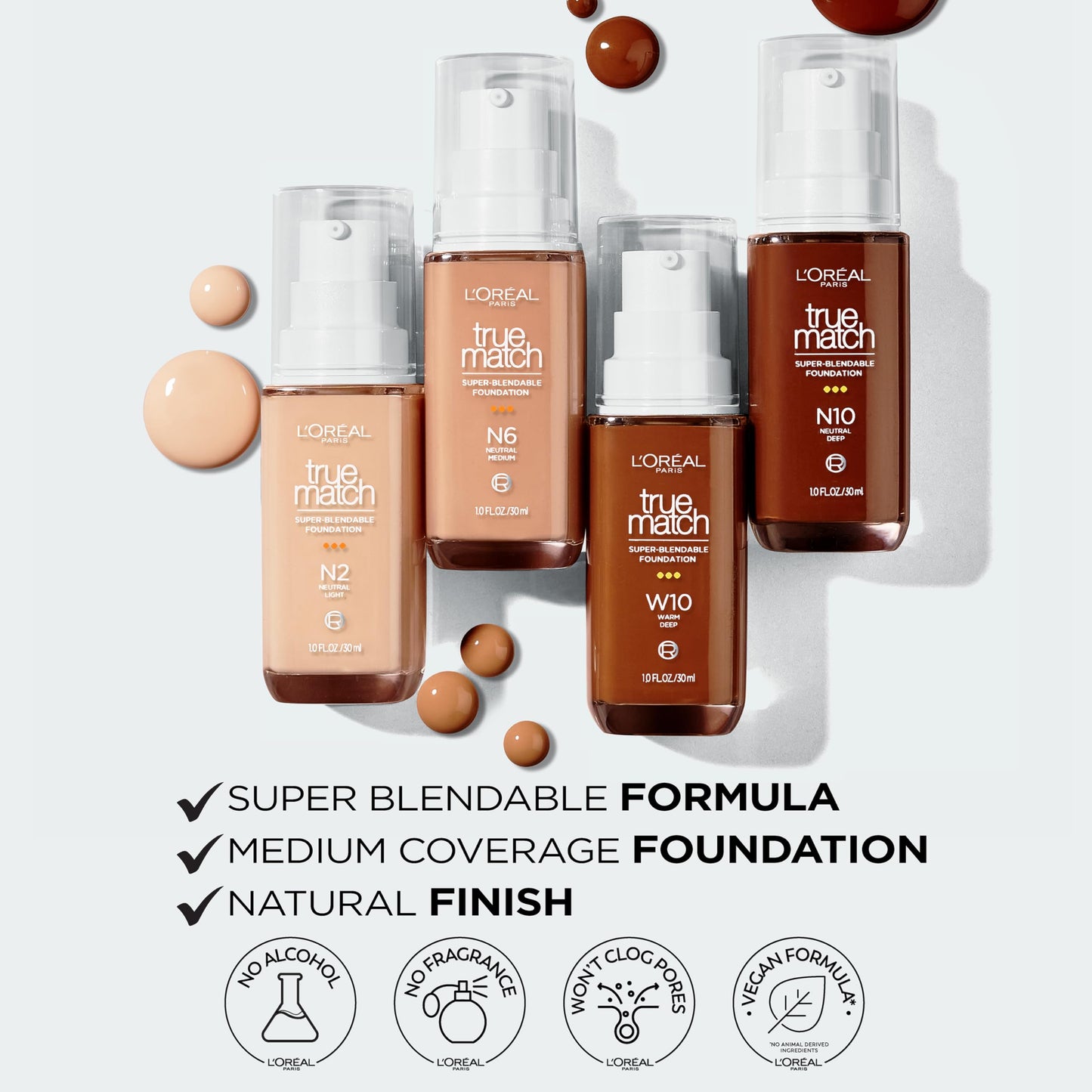 L'Oreal Paris True Match Super-Blendable Foundation, Medium Coverage Liquid Foundation Makeup, W6, Medium, 1 Fl Oz