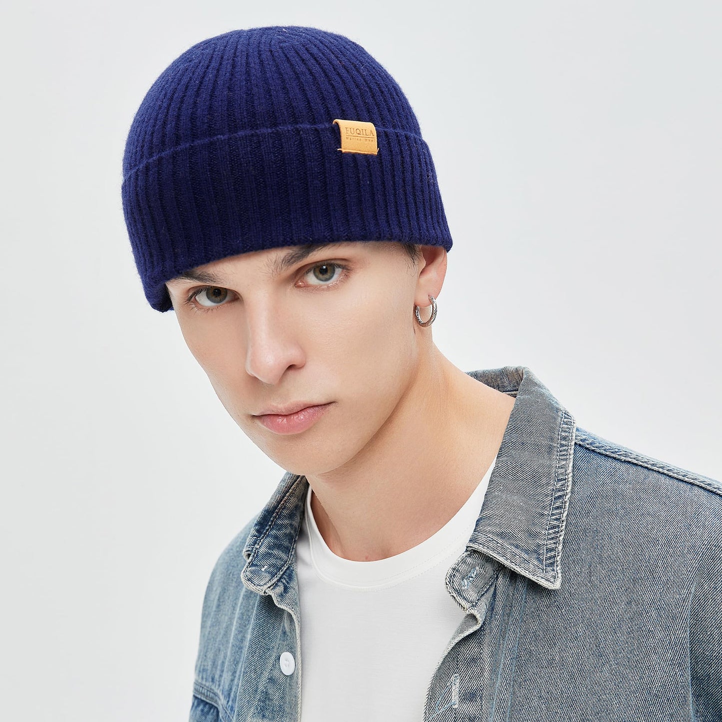 FUQILA 100% Merino Wool Fisherman Beanie Hat, Unisex Warm Winter Hats, Soft Breathable & Cozy Stretchy Knitted Short Cuffed Cap (Dark Blue)