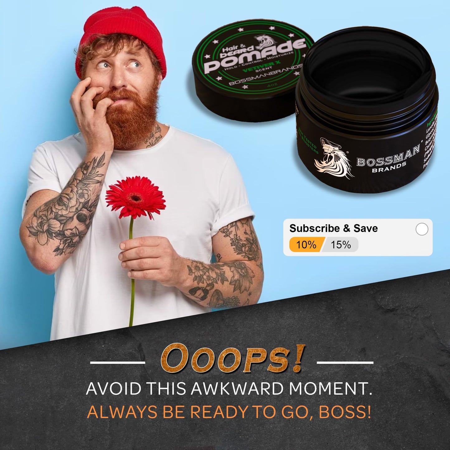 Bossman Natural Hair & Beard Pomade for Men (Vetiver X Scent) – Medium Hold & Moisturizing for Hair, Beard & Mustache Styling – Made in USA