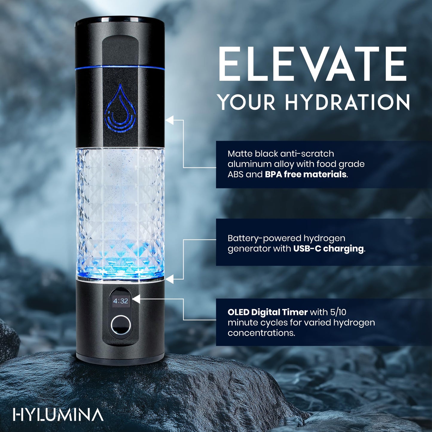 Hydrogen Water Bottle Generator – Up to 6400ppb H₂ – SPE/PEM Tech & OLED Display – Portable 9.5oz Molecular Hydrogen Water Machine – Premium Gift Packaging – Rechargeable, BPA-Free, Leakproof