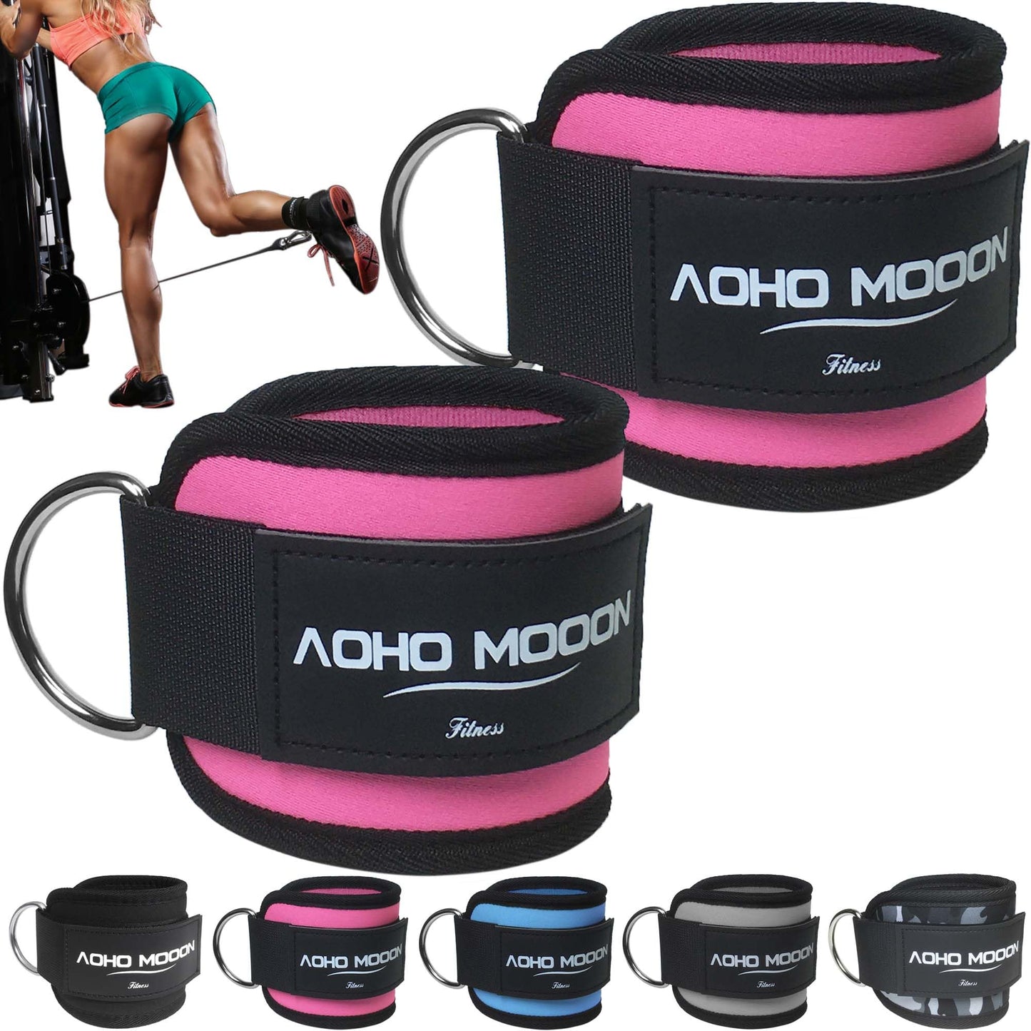AOHO MOOON (Pair Comfortable Adjustable Ankle Straps for Cable Machines Women, Gym Workout Leg Straps, Ankle Cuffs for Glute Workouts, Foot Straps for Kickback, One Size Fit All with D Ring