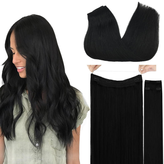 GOO GOO Wire Hair Extensions Human Hair, 1 Jet black Natural 18inch 125g, Invisible Wire Hair Extensions with Transparent, Seamless Fish Line Hairpiece