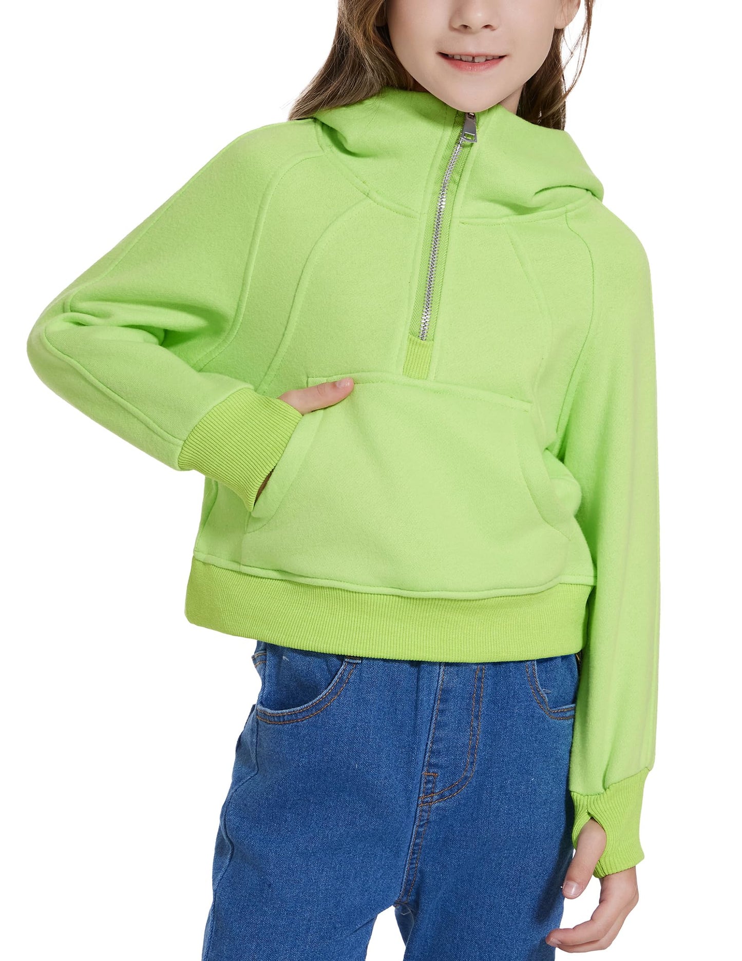 Fdqin Sweatshirt for Kid Half Zip Up Cropped Hoodies for Girls Fleece Pullover Tops Winter Clothes Neon Green 7-8Years
