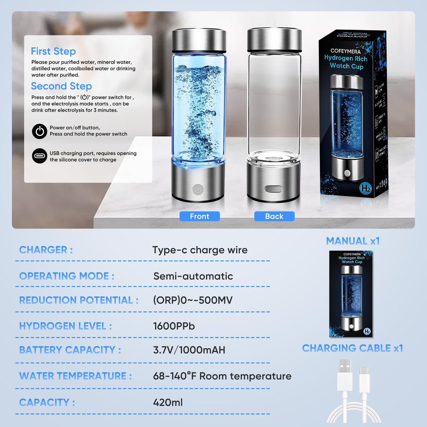 Upgraded Hydrogen Water Bottle Generator - Portable Rechargeable Hydrogen-Rich Water Machine, Rapid 3-Min for Enhanced Water Quality, Premium Travel-Friendly Design with SPE/PEM Tech (Silver)