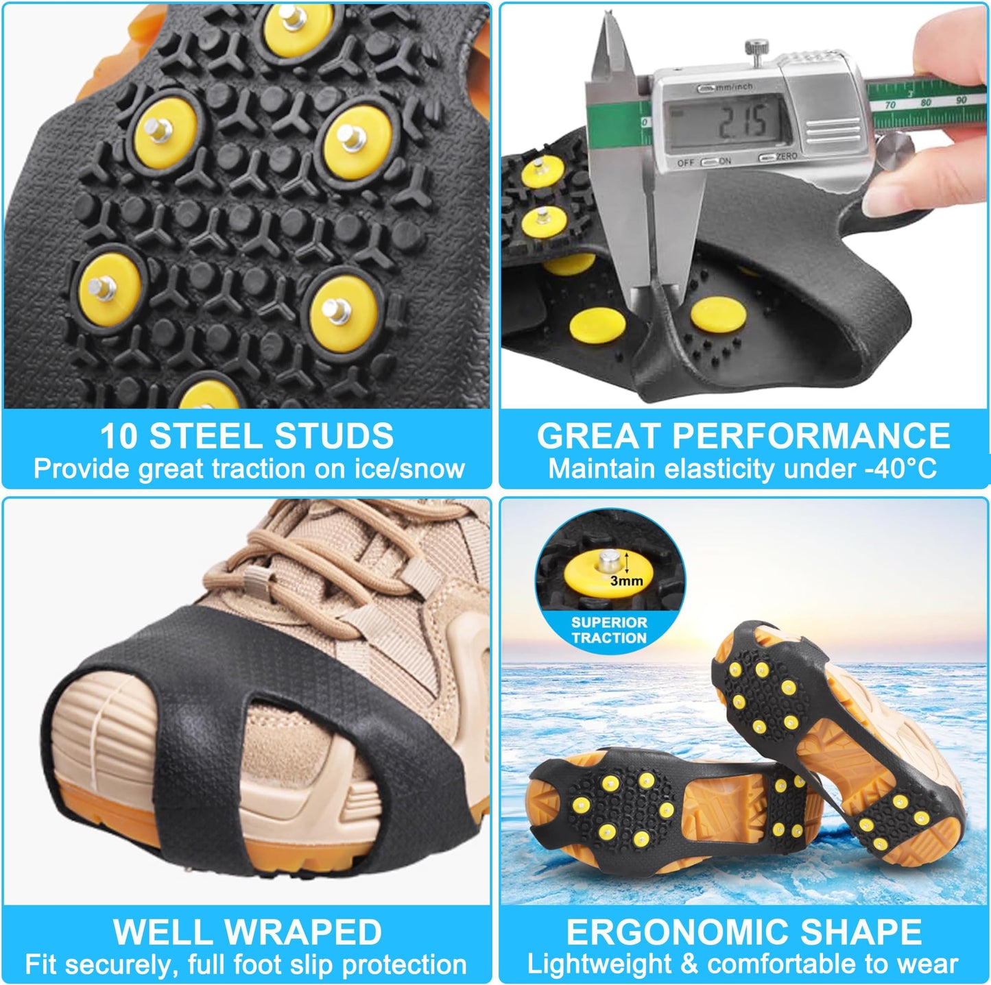 Ice Cleats for Shoes and Boots Ice Snow Grippers Anti-Slip Crampons 10 Studs Traction Cleat for Women Men Kids Hiking Fishing Walking Running Jogging