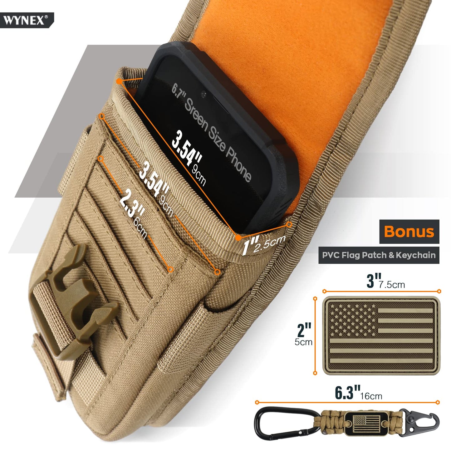 WYNEX Tactical Molle Phone Pouch with Compass Buckle, Tactical Phone Holster Molle Cell Phone Pouch Universal Belt Waist Bag for IP 15/14/13 Pro Max / S22/S21 with US Patch & Paracord Keyring Clip