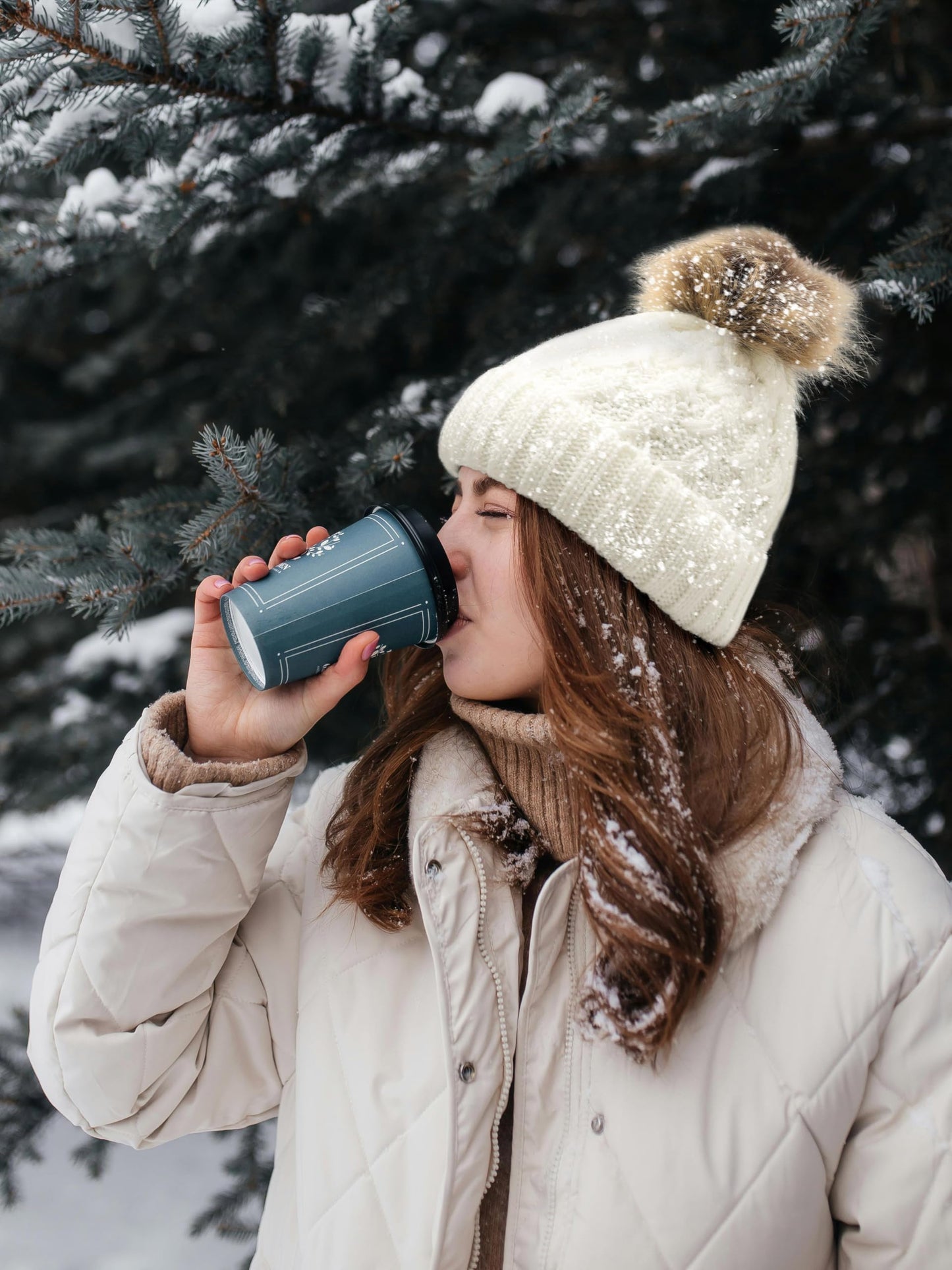 ZLYC Womens Knitted Beanie with Faux Fur Pom Pom Thick Fleece Lined Warm Winter Hat Snow Cap, Solid White