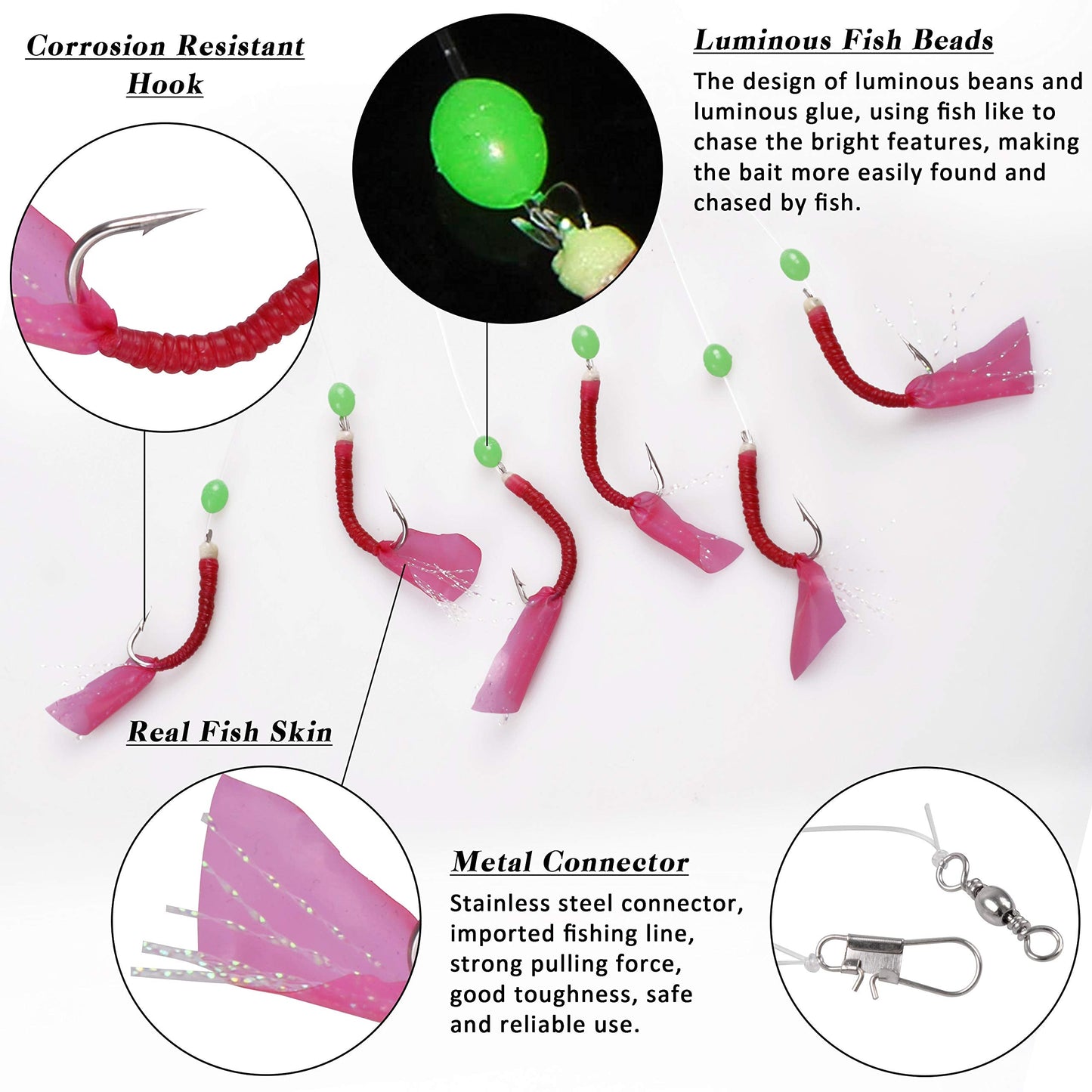 Saltwater Fishing Bait Rigs, 10Packs Surf Fishing Rigs 6 Hooks Fishing Lures Red Fish Skin Feather Hooks Glow Fishing Beads Fishing Tackles for Freshwater Saltwater