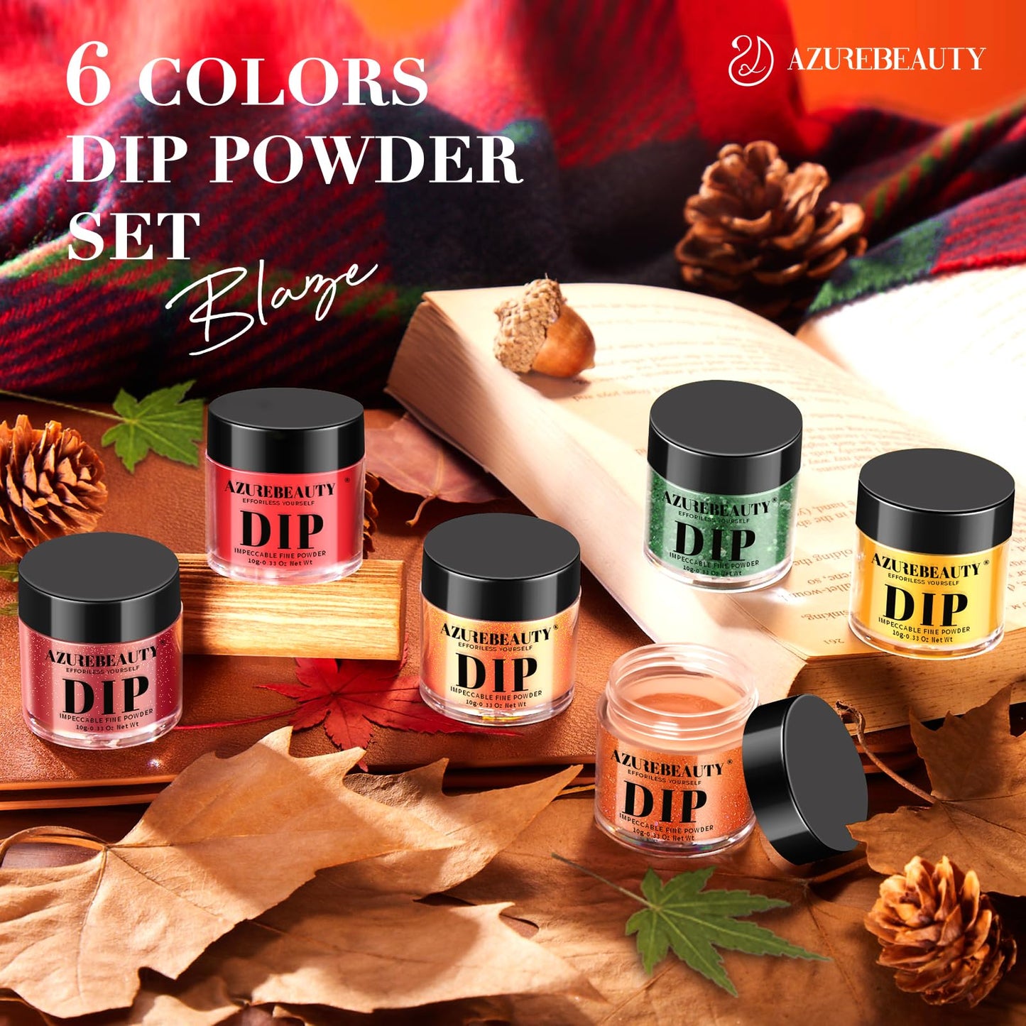AZUREBEAUTY Dip Powder Nail Set Orange Gold Red Shimmery Green Glitter 6 Colors Dipping Powder Starter Kit French Nail Art Manicure DIY Salon, No Need Nail Lamp Cured