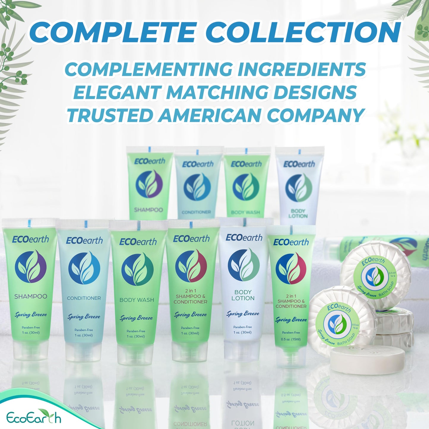 EcoEarth Travel Size Shampoo Conditioner 2-in-1 (0.5 fl oz, 100 PK, Spring Breeze) Delight Your Guests w/Revitalizing & Refreshing Conditioning Shampoo Amenities, Small Size Hotel Toiletries in Bulk