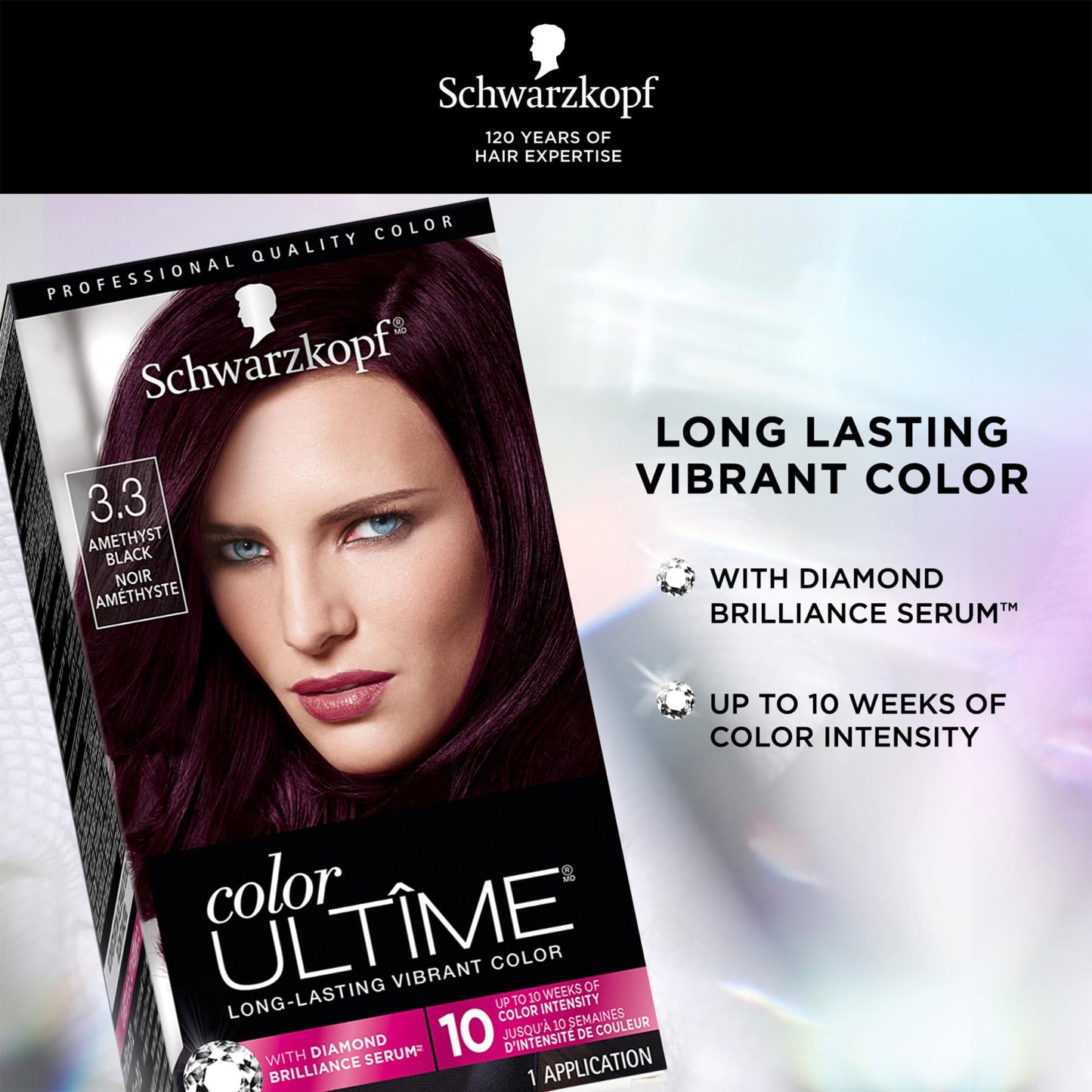 Schwarzkopf Color Ultime Hair Color, 3.3 Amethyst Black, 1 Application - Permanent Black Hair Dye for Vivid Color Intensity and Fade-Resistant Shine up to 10 Weeks