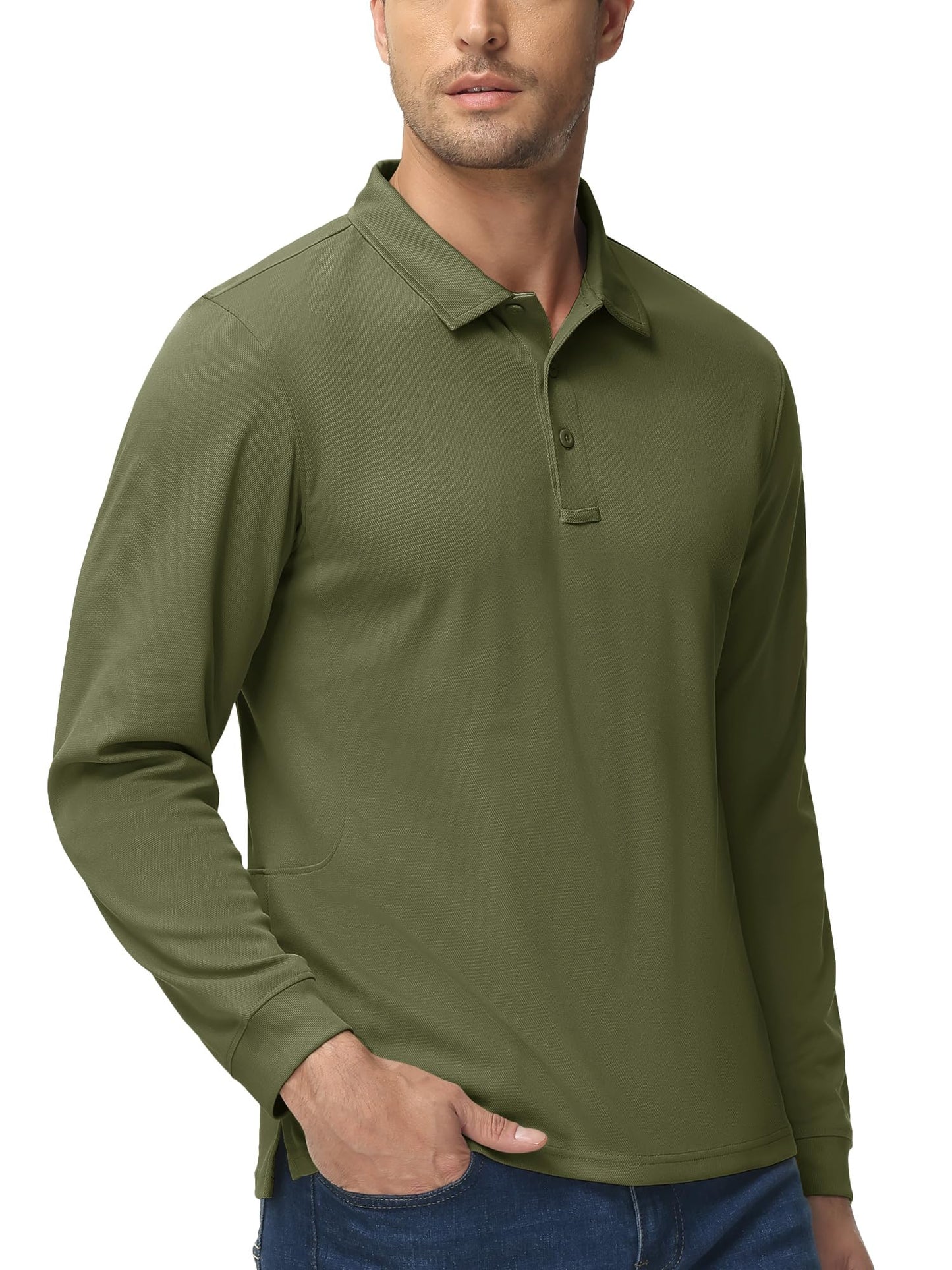 Work Shirts for Men Long Sleeve 3 Buttons Fishing Shirt Pique Polo Shirt Tactical Polo Quick Dry Shirt Men Casual Shirt Army Green