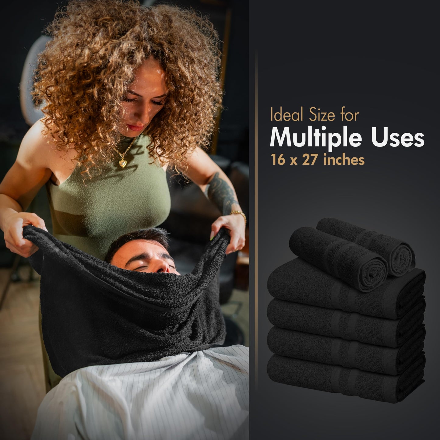 Oakias 100% Cotton Salon Towels 24 Pack Black - 16 x 27 Inches (Not Bleach Proof) Ring Spun Cotton Bulk Hand Towels - Highly Absorbent Quick Dry Facial, Hair, Spa, Gym Salon Towels