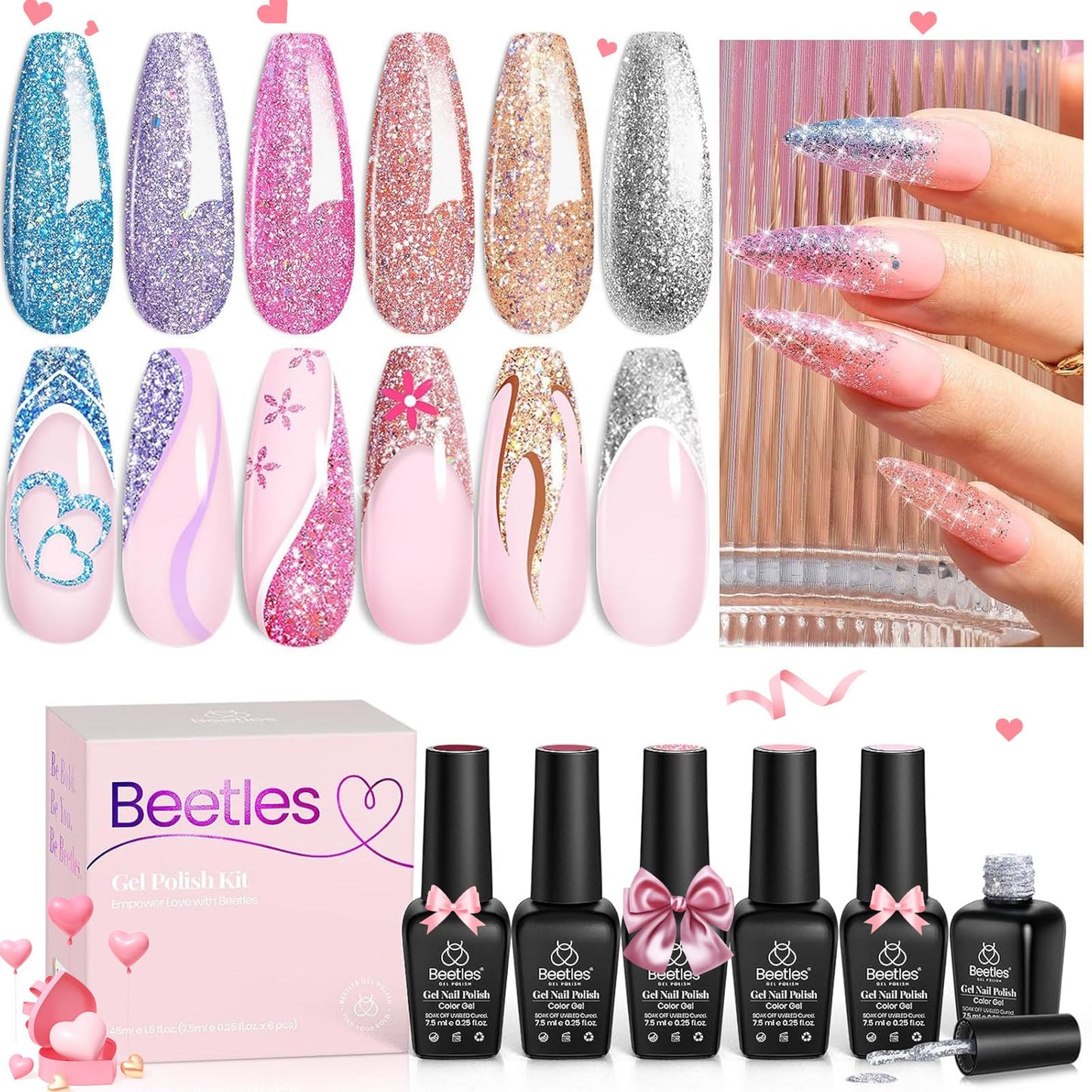 Beetles Glitter Gel Nail Polish 6 Colors Sparkle Silver Pink Blue Gel Polish Set Soak Off Uv Diy Manicure Kit Gifts for Women