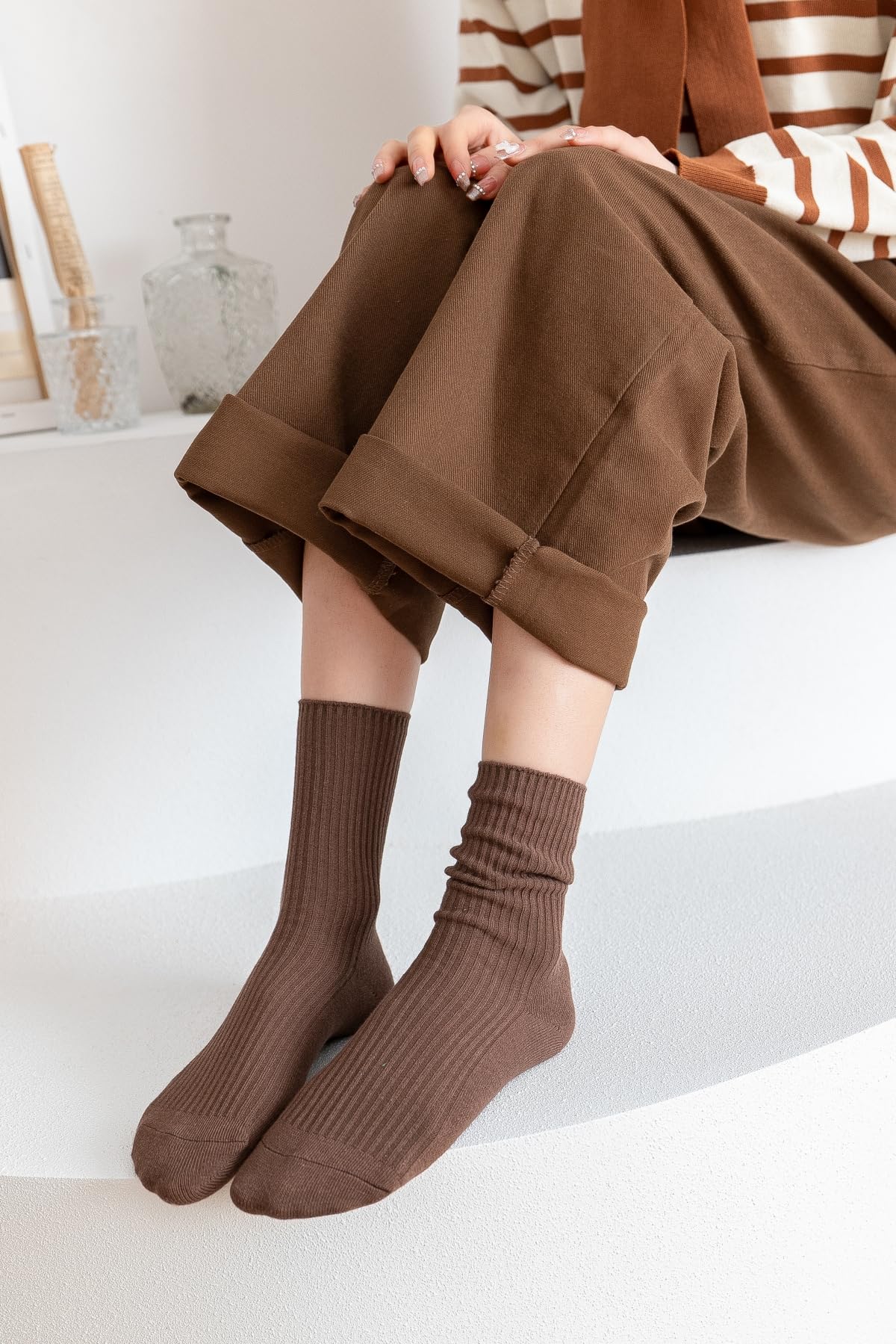 ACCFOD Fall Slouch Socks for Women Cotton Slouchy Socks Brown Coffee Gray Orange Green Yellow Nude White Socks