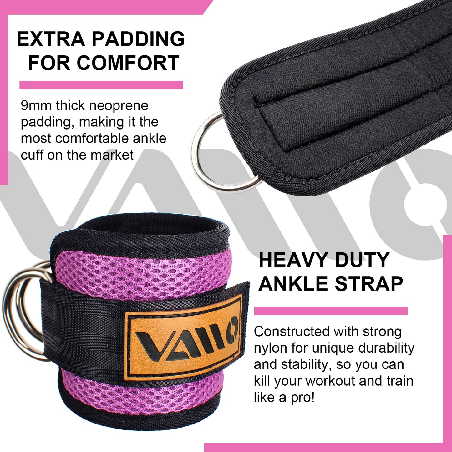 VAIIO Ankle Straps for Cable Machines,Adjustable Comfort fit Neoprene, Reinforce Double D-Ring - Premium Ankle Cuffs to Improve Abdominal Muscles, Lift The Butts, Tone The Legs for Men & Women