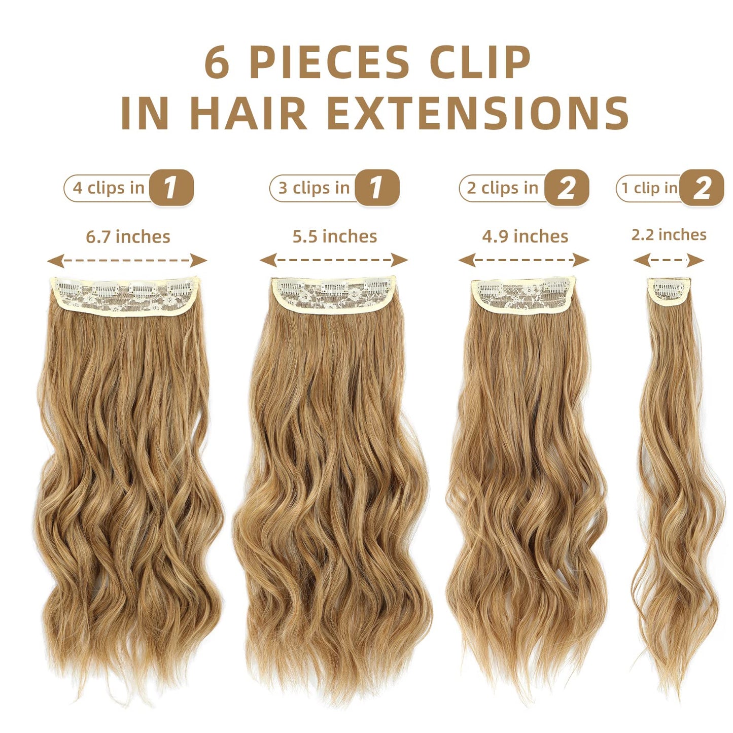 Fliace Clip in Hair Extensions, 6 PCS Natural & Soft Hair & Blends Well Hair Extensions, Lonng Wavy Hairpieces(20inch, 6pcs,Biscuit Brown)