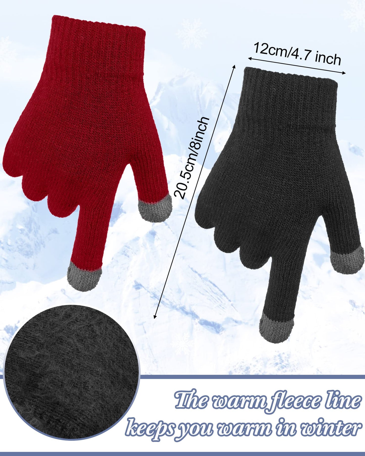 6 Pcs Men Womens Winter Hat Glove Scarf Sets Beanie Scarf Touchscreen Gloves Knit Skull Cap Fleece Neck Warm Scarf Mitten (Black, Wine Red)