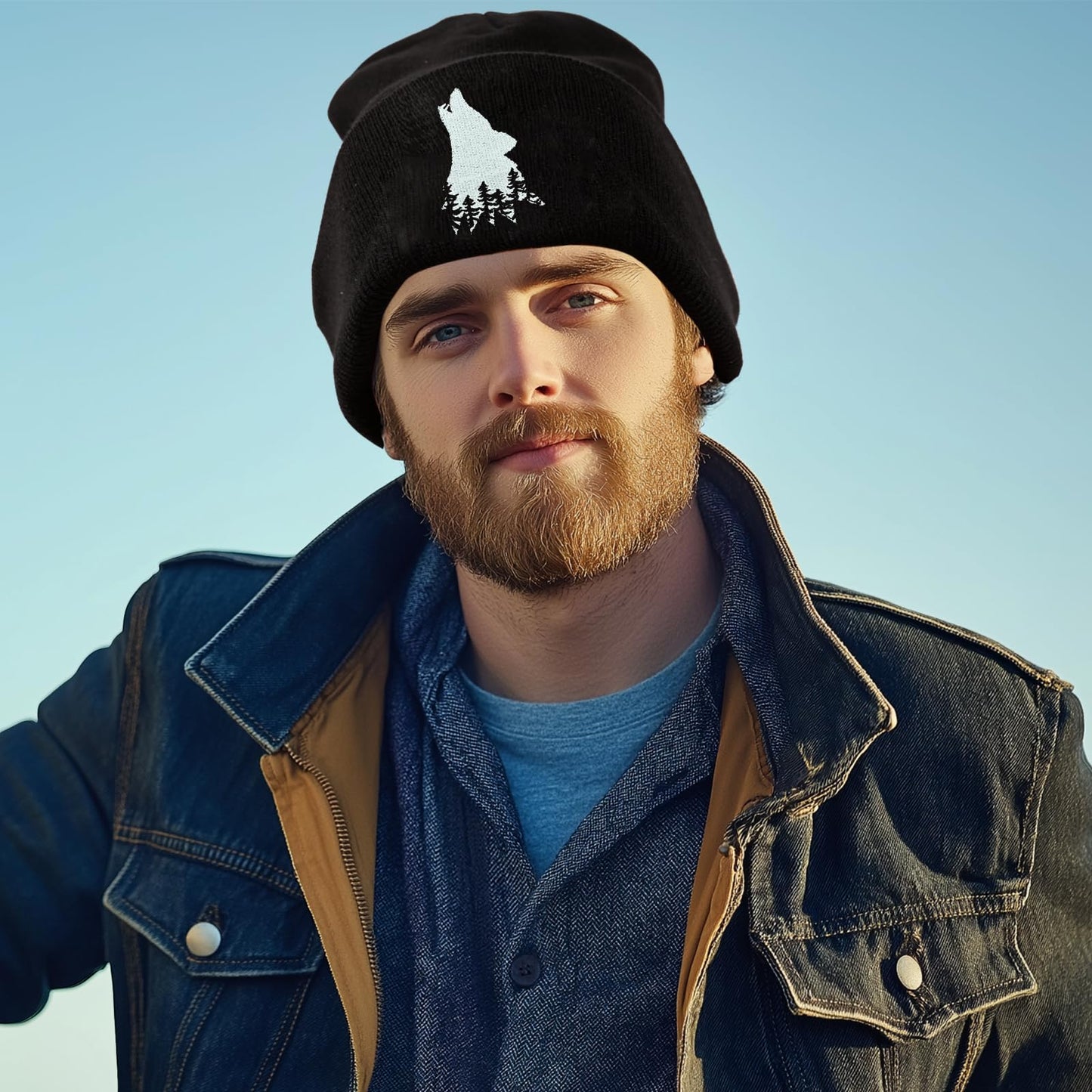 famliihw Wolf Tree Embroidery Beanie Hat Winter Warm Knit Cuffed Skull Cap for Women Men