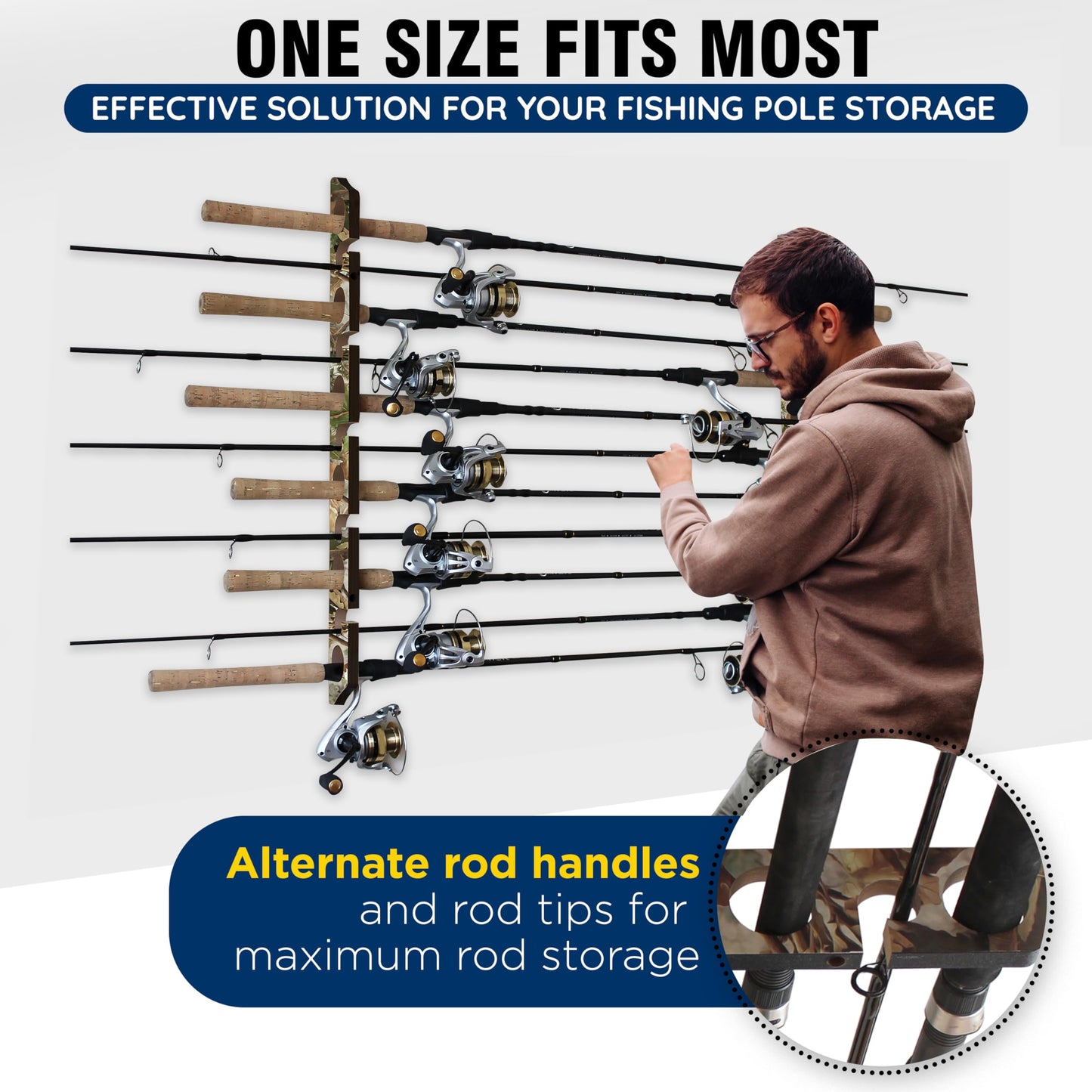 Rush Creek Creations | Fishing Rod Holder for 11 Rods, Fishing Pole Holder for Garage Organization and Wall Storage, for Fishing Gear and Fishing Accessories (Vertical Fishing Rod Rack)