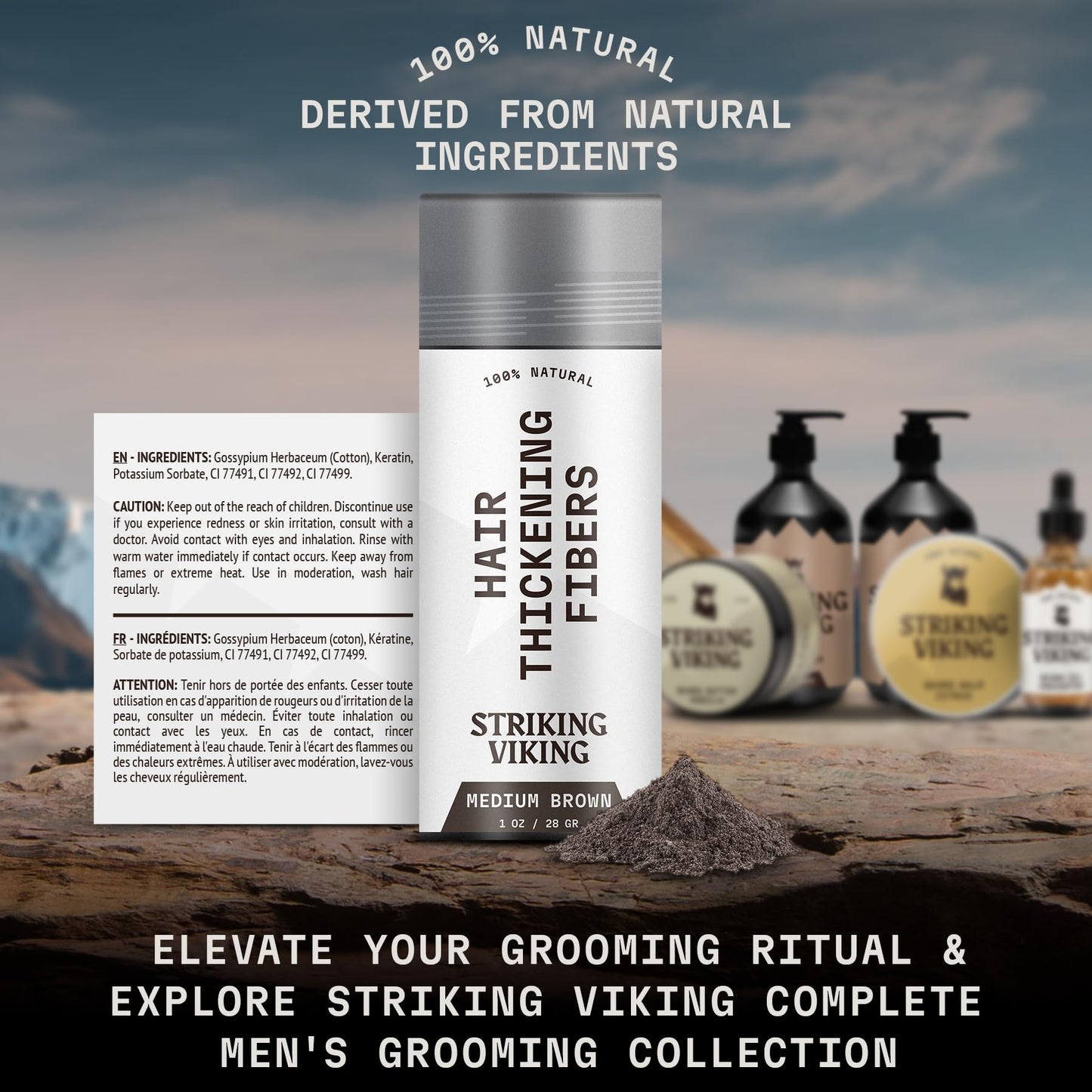 Striking Viking Hair Fibers for Thinning Hair (Medium Brown) 28g - Naturally Derived - Long Lasting Powder, Undetectable, Thicker Look for Men & Women