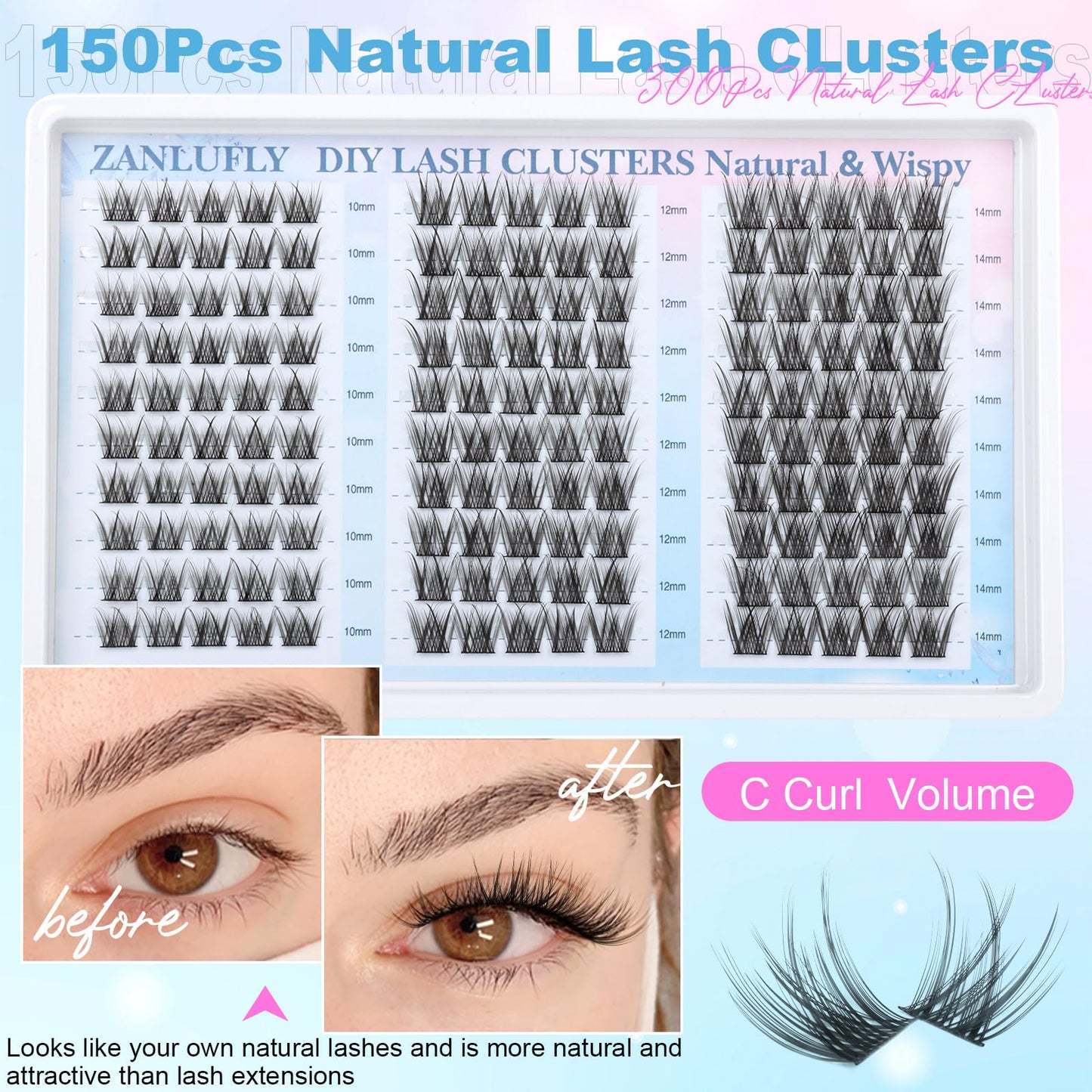Lash Clusters Wispy Eyelash Clusters Natural C Curl Cluster Lashes zanlufly Wispy Individual Lashes 150Pcs Eyelash Extension 10 12 14MM DIY Lash Extensional Lash Clusters
