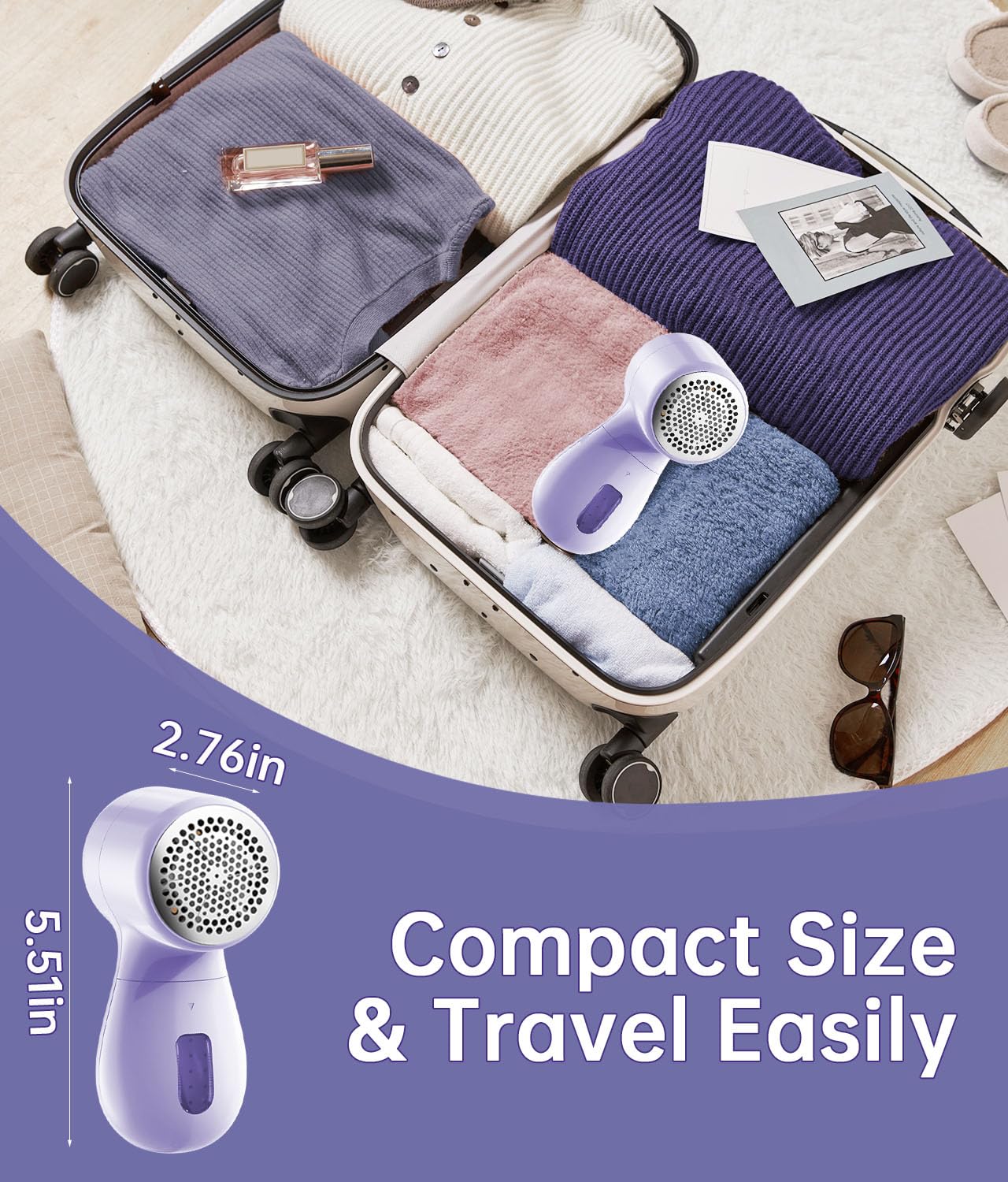 Rechargeable Fabric Shaver and Lint Remover, Electric Sweater Defuzzer with 2 Replaceable Stainless Steel 6-Leaf Blades, Portable Sweater Shaver for Clothes with Removable Bin