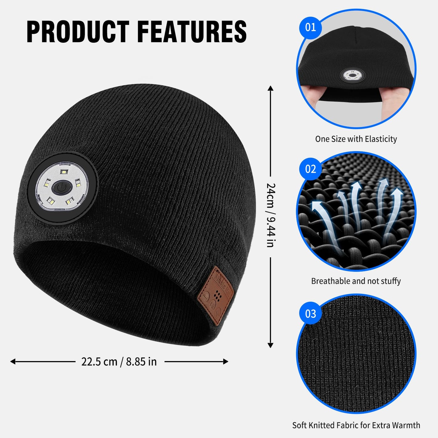Mood Pie Bluetooth Beanie with Light,USB Rechargeable LED Headlamp Hat Beanie,Musical Knit Hat with Headphones and Built-in Speaker Mic,Gifts for Men Women Teen Black