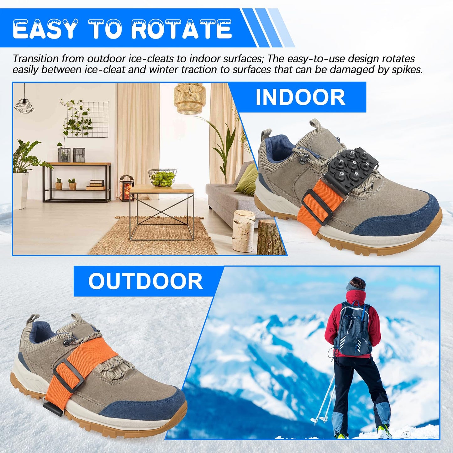 Ice Cleats Mid-Sole Snow Traction Cleats Crampons Anti Slip Snow Cleats for Shoes and Boots 7 Tungsten Studs Snow Grippers with Adjustable Straps Winter Walking on Snow and Ice(M- 2 Pairs)