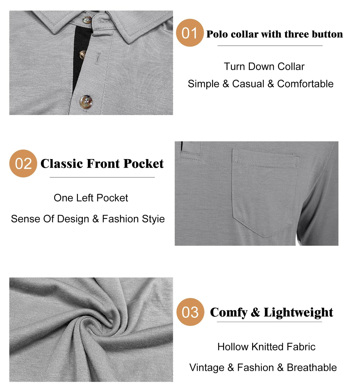 koufland Men Collar Polo Shirts Long Sleeve Button Down Shirt Lightweight Versatile Work Gym Golf Stylish Top Shirt with Pocket for Men(1-Light Gray,Medium)