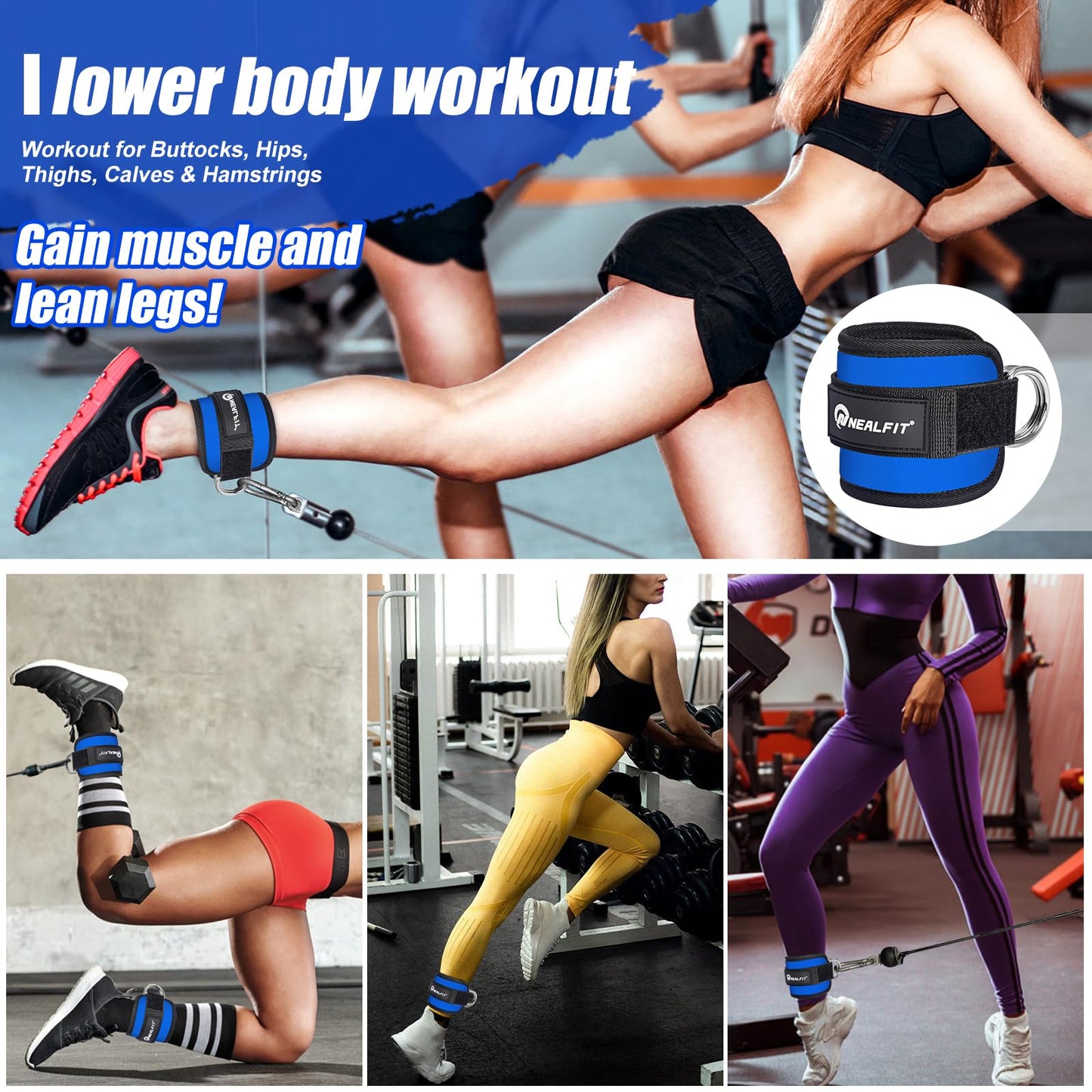 NEALFIT Ankle Strap for Cable Machine, Gym Ankle Cuff for Kickbacks, Leg Extensions, Glute Workouts, Booty Hip Abductors Exercise for Women and Men (Pair, Sapphire Blue)