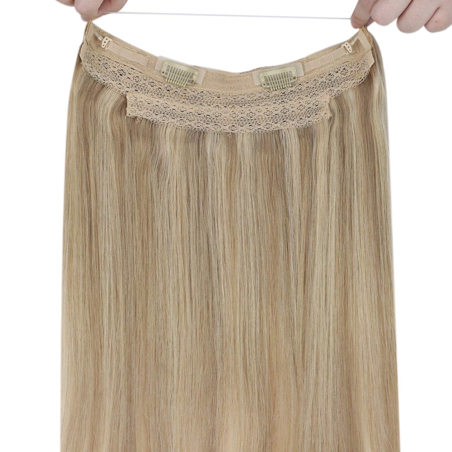 Sunny Wire Hair Extensions Real Human Hair Fish Line Human Hair Extensions Invisible Wire Extensions Golden Blonde with Medium Blonde Highlights #16/22 14 Inch
