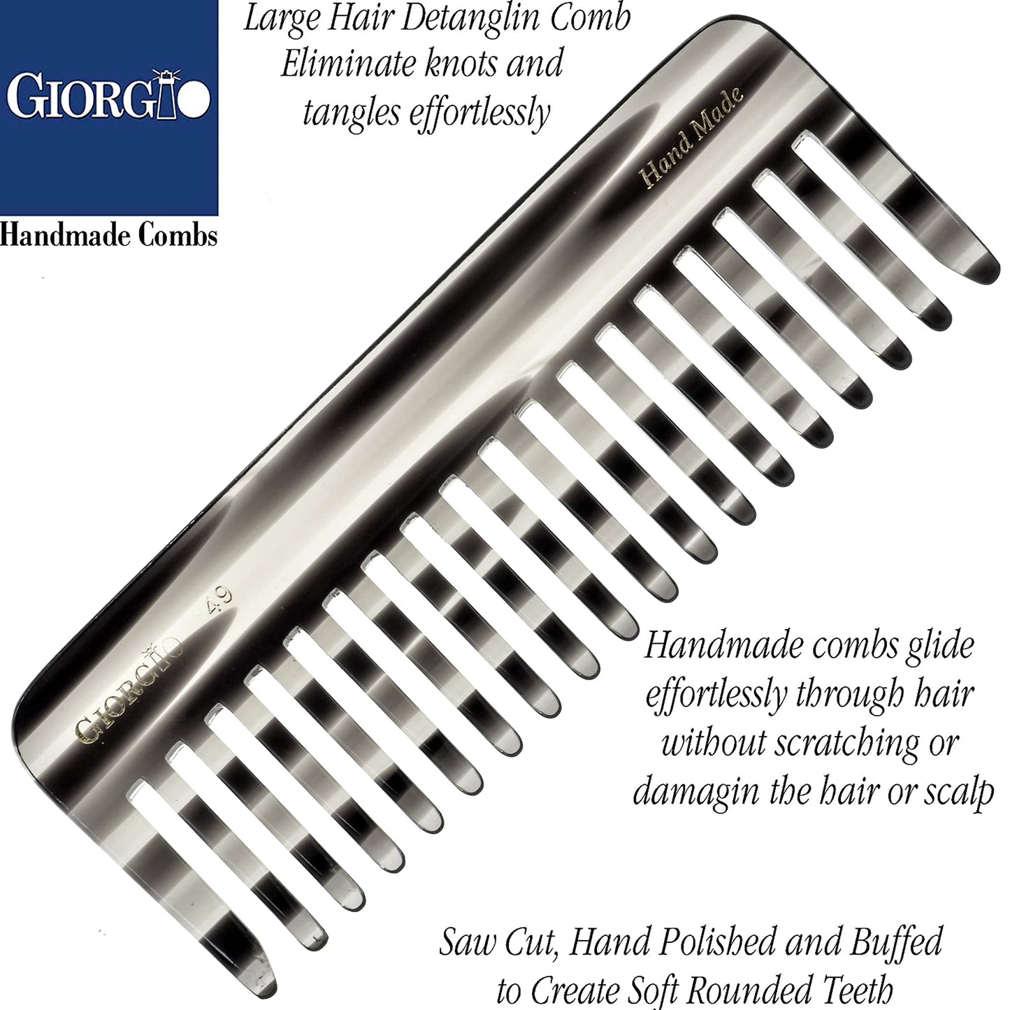 Giorgio G49 Graphite Large 5.75 Inch Hair Detangling Comb, Wide Teeth for Thick Curly Wavy Hair. Long Hair Detangler Comb For Wet and Dry. Handmade of Quality Cellulose, Saw-Cut, Hand Polished