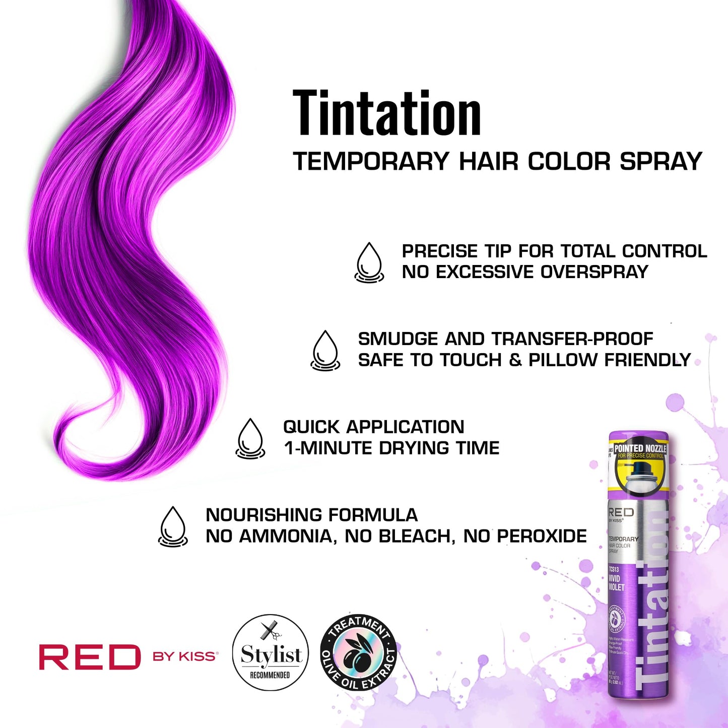 Red by Kiss Tintation Temporary Hair Color Spray 2.82oz, Quick-Dry & Smudge-Proof, Vivid Color Washable Hair Dye, Styling Spray Cosplay Halloween Birthday Party Festival (Vivid Violet)