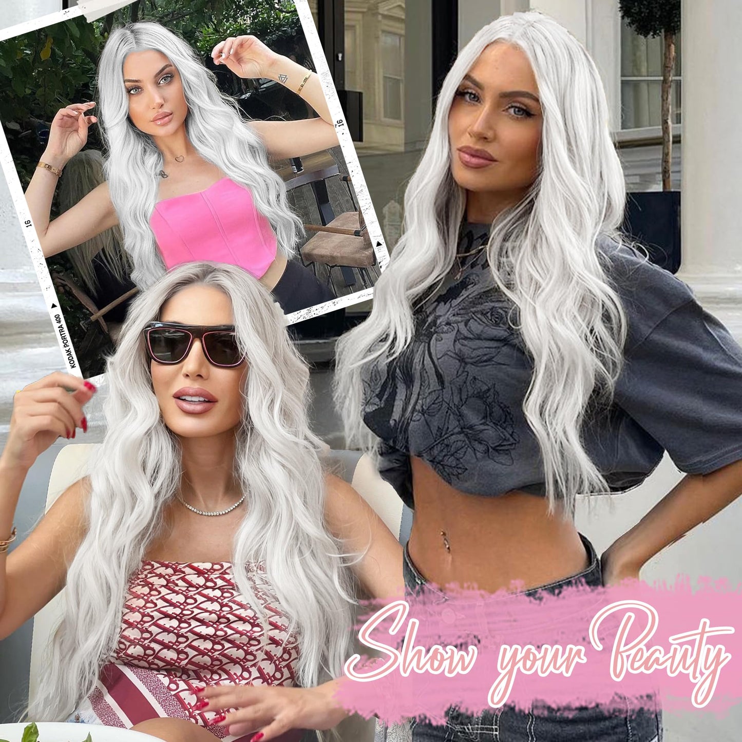 AISI HAIR White Wig for Women, Long Wavy Lace Hairline Middle Part Synthetic Wig for Daily Party-26 Inch
